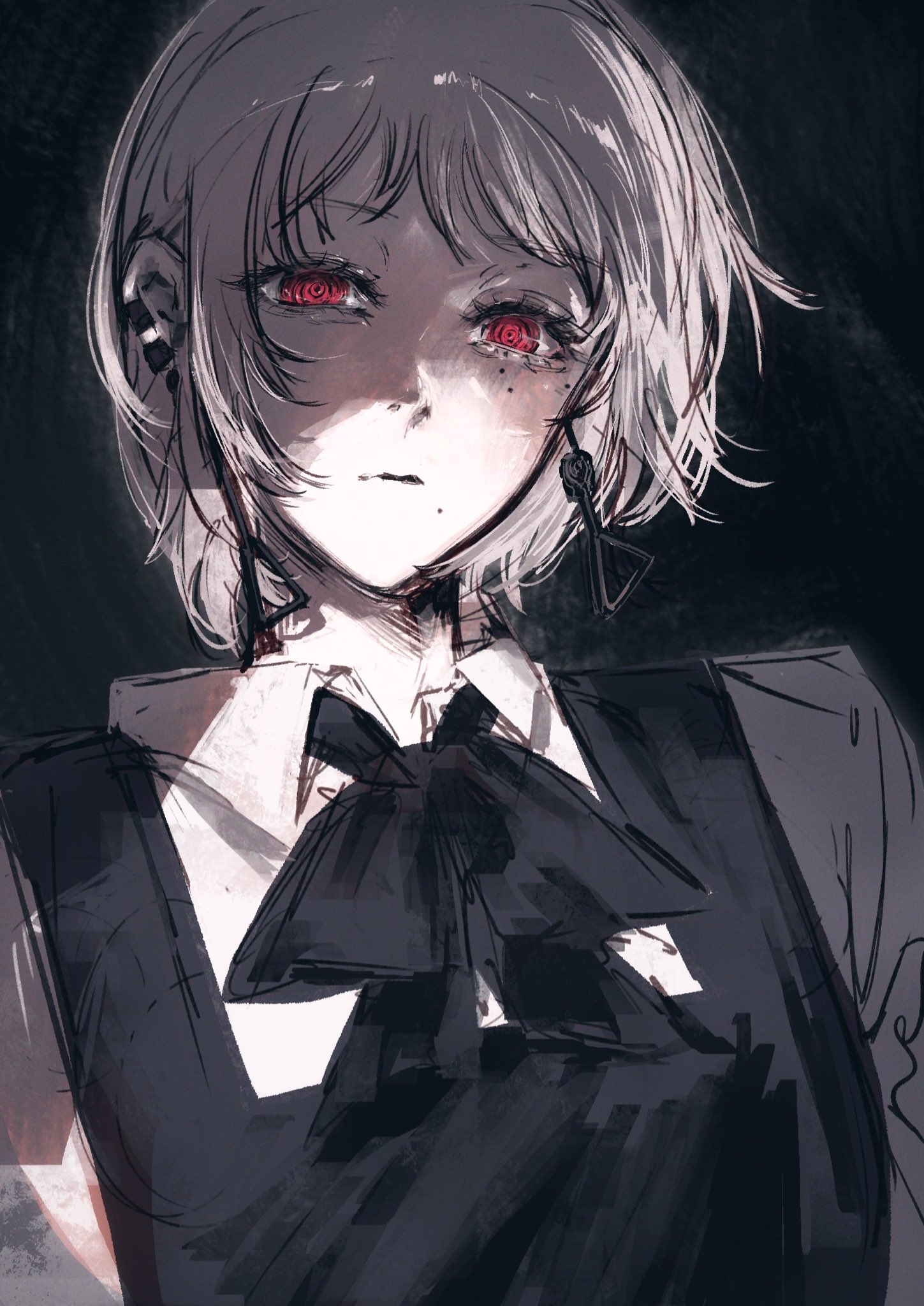 moku (muooku), death devil (chainsaw man), chainsaw man, highres, 1girl, black background, black ribbon, collared shirt, dress, earrings, expressionless, fourth east high school uniform, gakuran, jewelry, long sleeves, looking at viewer, mole, mole under mouth, neck ribbon, necktie, pinafore dress, red eyes, ribbon, ringed eyes, school uniform, shirt, short hair, sleeveless, sleeveless dress, solo, white shirt