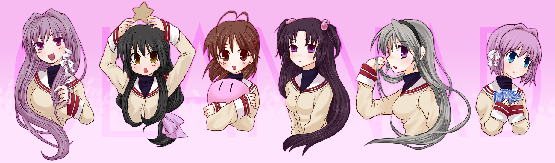shimiko, fujibayashi kyou, fujibayashi ryou, furukawa nagisa, ibuki fuuko, ichinose kotomi, sakagami tomoyo, clannad, dango daikazoku, bad id, bad pixiv id, highres, long image, wide image, 00s, 6+girls, antenna hair, card, dango, food, holding, holding card, multiple girls, school uniform, siblings, sisters, starfish, twins, two side up, wagashi