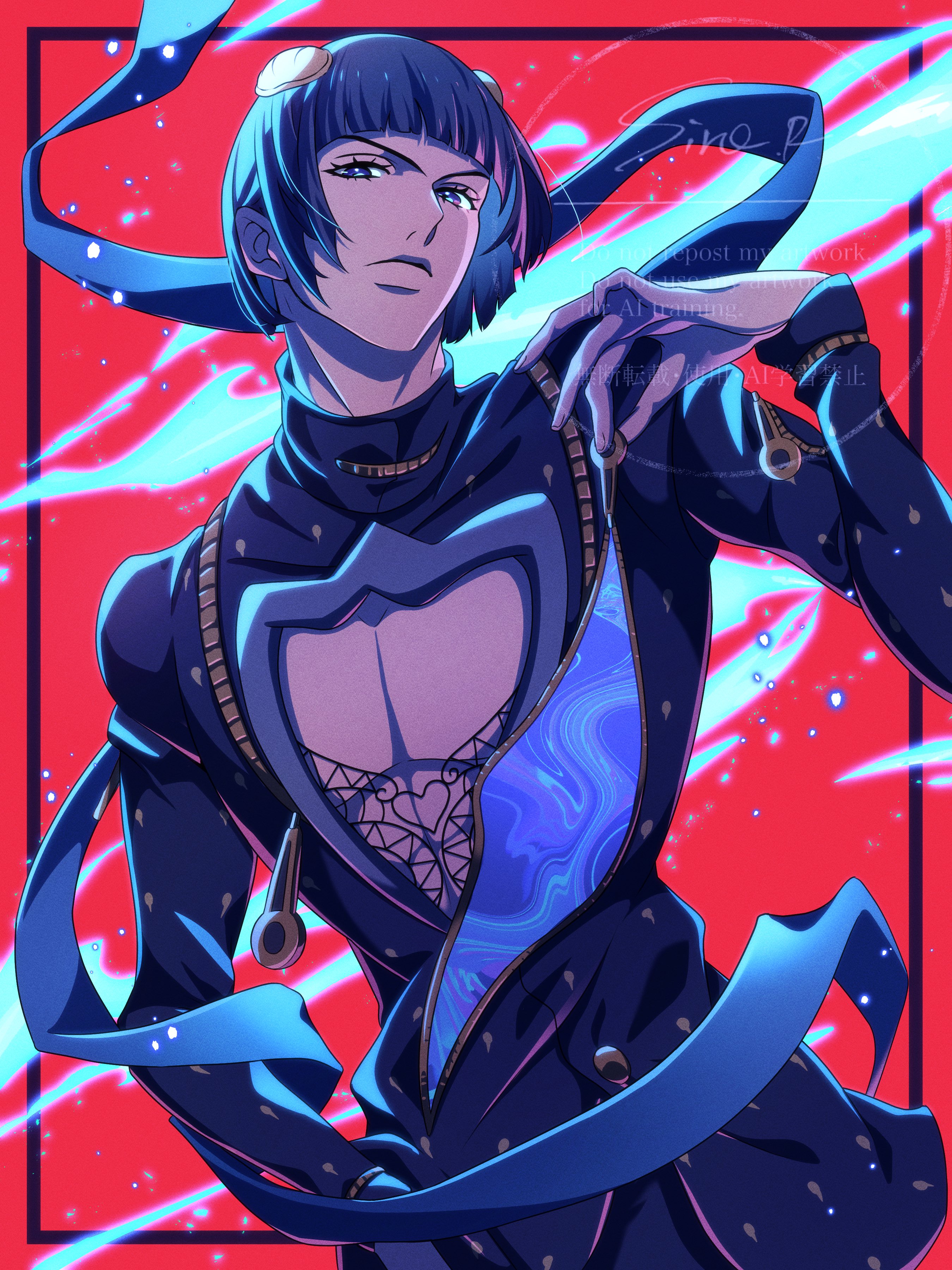 watawata nr (siroraku), bruno bucciarati, jojo no kimyou na bouken, vento aureo, absurdres, commentary request, highres, 1boy, black hair, black jacket, blue eyes, blue scarf, blunt bangs, bob cut, cleavage cutout, clothing cutout, hair ornament, hairclip, high collar, jacket, long sleeves, looking at viewer, male focus, pectoral cleavage, pectorals, red background, scarf, short hair, solo, zipper, zipper pull tab