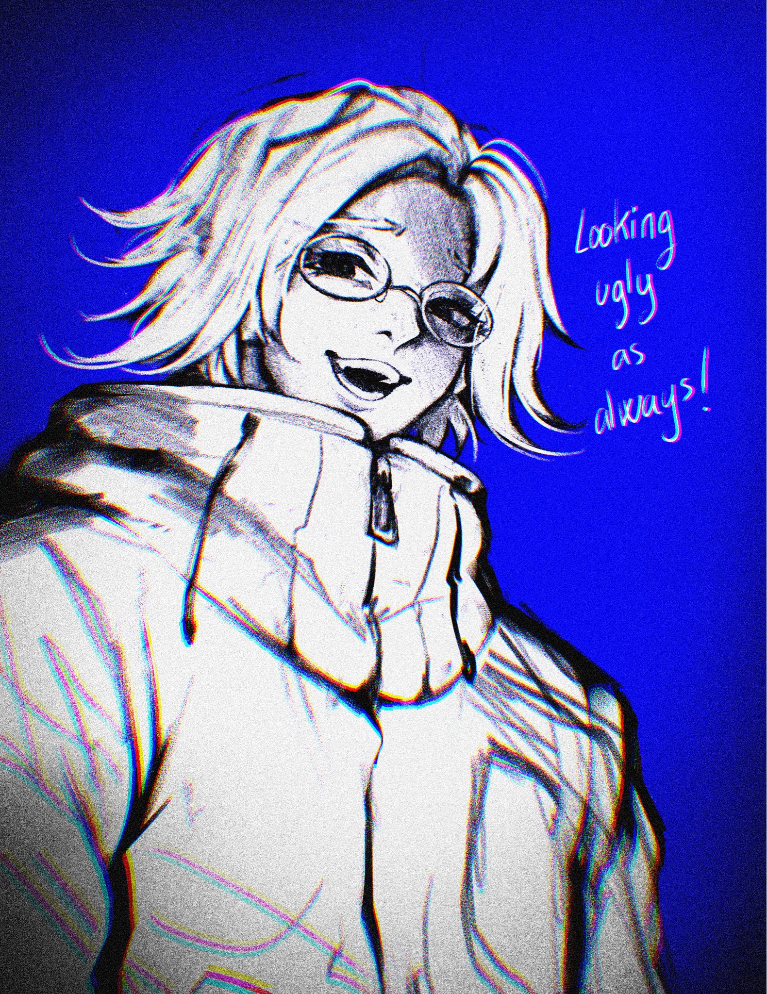 karu (karuuseru), aotsuki eito, the hundred line -last defense academy-, commentary, english commentary, highres, spoilers, 1boy, blue background, chromatic aberration, english text, evil grin, evil smile, film grain, glasses, greyscale with colored background, grin, jacket, looking at viewer, male focus, short hair, smile, solo, source quote, upper body