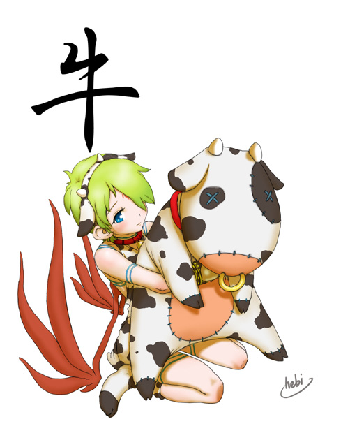 hebina masayoshi, nina (breath of fire v), breath of fire, breath of fire v, bad id, bad pixiv id, translated, 1girl, animal print, cow, cow girl, cow print, female focus, green hair, short hair, solo, stuffed animal, stuffed toy