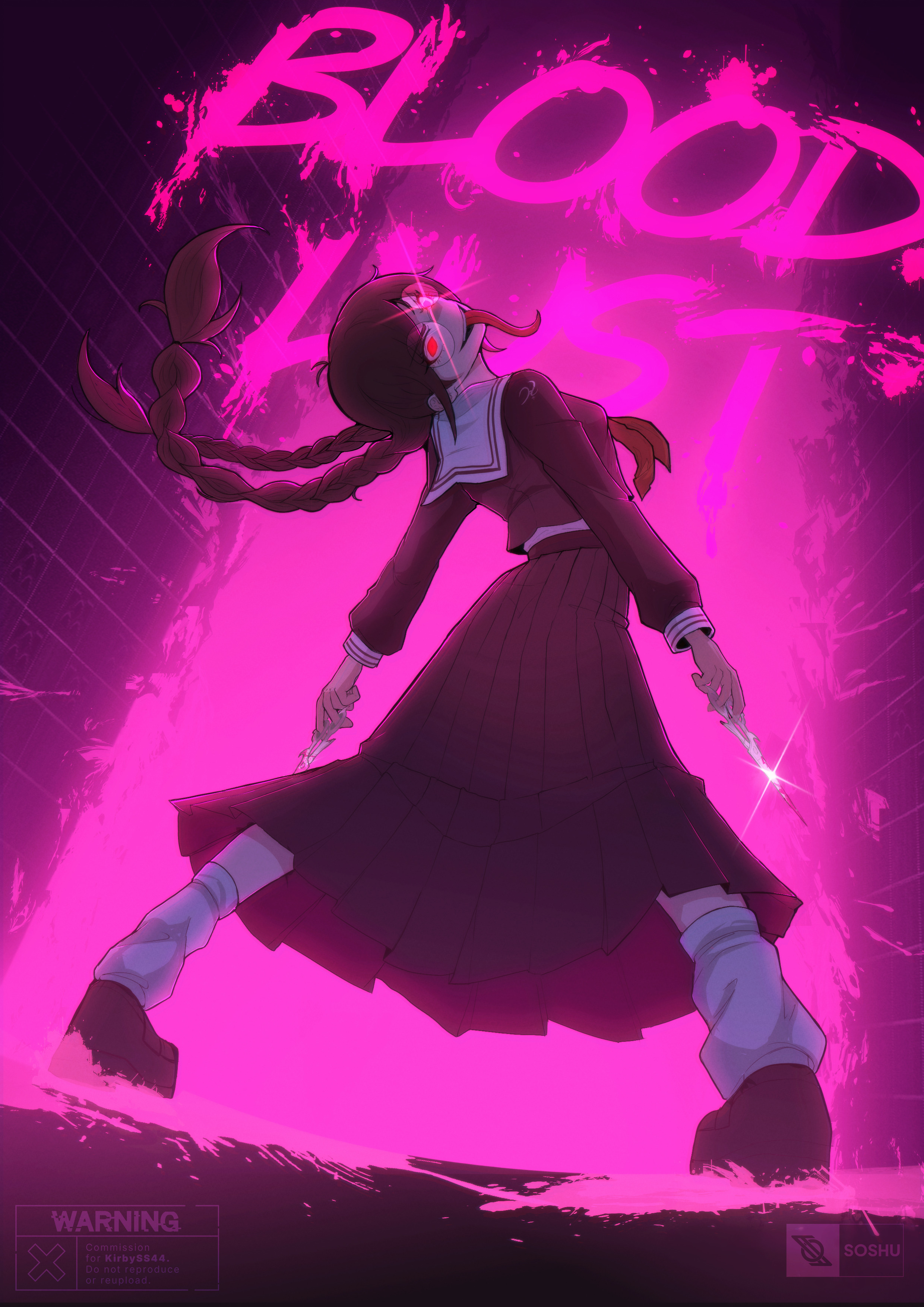 soshu (soshuscribbles), fukawa toko, genocider shou, danganronpa: trigger happy havoc, danganronpa (series), absurdres, commentary, commission, english commentary, highres, second-party source, 1girl, artist name, blood, blood on shoes, blood on wall, braid, brick wall, commissioner name, dual wielding, english text, eyelashes, glasses, glint, glowing, glowing eyes, holding, holding scissors, holding weapon, long hair, long skirt, long sleeves, long tongue, looking back, neckerchief, open mouth, pink blood, purple hair, purple serafuku, purple shirt, purple shoes, purple skirt, red eyes, red neckerchief, round eyewear, sailor collar, school uniform, scissors, serafuku, shirt, shoes, skirt, skirt set, smile, socks, solo, standing, teeth, tongue, tongue out, twin braids, twintails, upper teeth only, weapon, white sailor collar, white socks