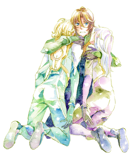 shimazaki rooson, anew returner, lockon stratos, lyle dylandy, neil dylandy, gundam, gundam 00, bad id, bad pixiv id, spoilers, 00s, 1girl, 2boys, innovators (gundam 00), multiple boys, purple hair