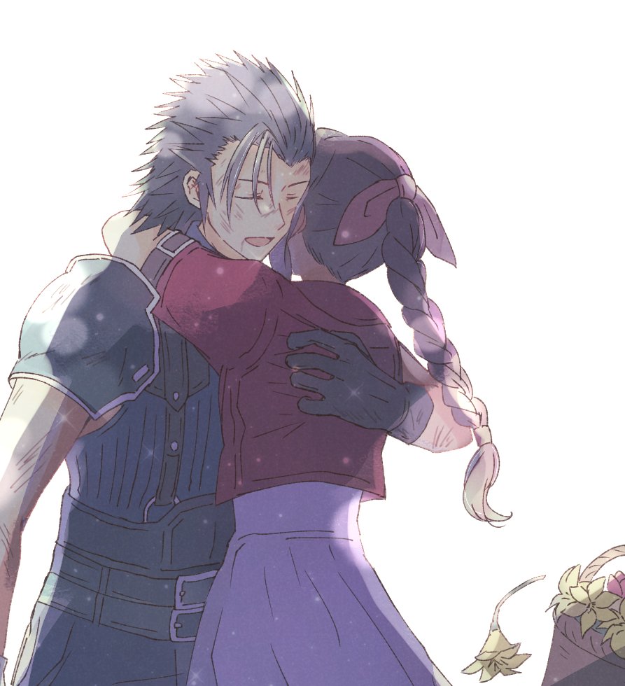 appleajyuxxxx, aerith gainsborough, zack fair, crisis core final fantasy vii, final fantasy, final fantasy vii, final fantasy vii remake, 1boy, 1girl, armor, arms around neck, battle damage, belt, belt buckle, black gloves, black hair, braid, braided ponytail, brown hair, bruise, bruise on face, buckle, closed eyes, couple, dress, flower, flower basket, gloves, hair ribbon, hand on another's back, hug, injury, jacket, light particles, long hair, multiple belts, open mouth, pink dress, pink hair, ponytail, red jacket, ribbed sweater, ribbon, short sleeves, shoulder armor, sleeveless, sleeveless turtleneck, spiked hair, suspenders, sweater, turtleneck, turtleneck sweater, upper body, white background, yellow flower