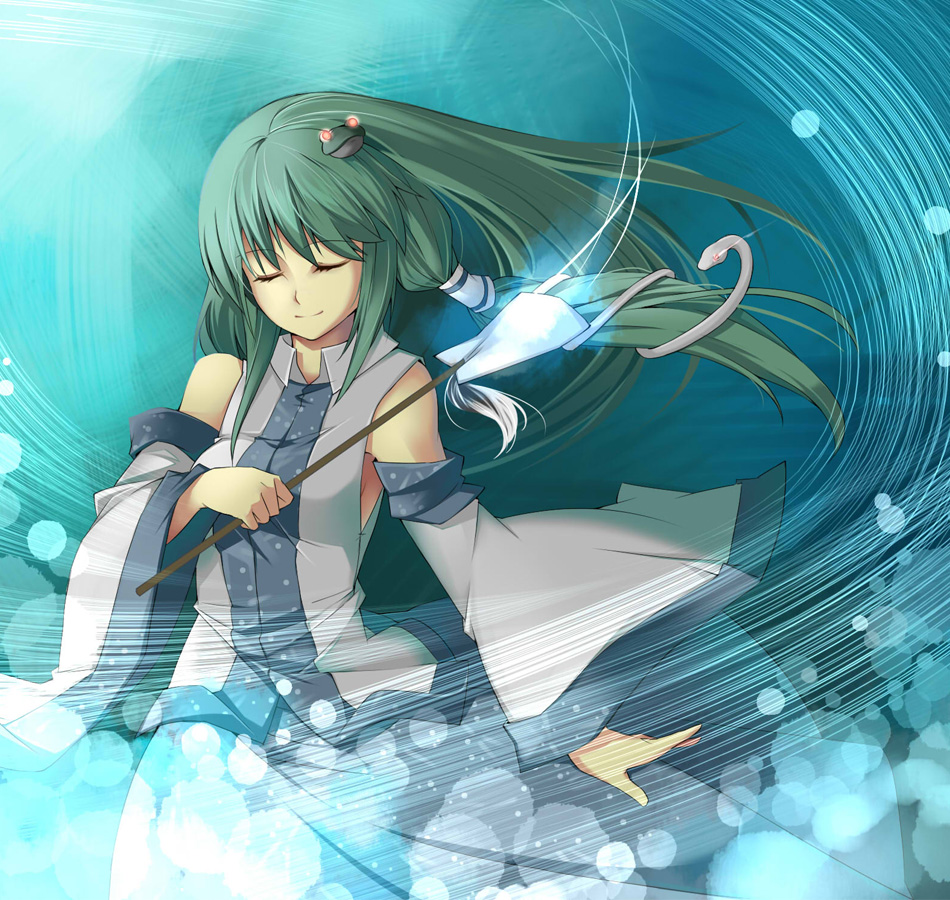 beihan, kokka han, kochiya sanae, touhou, 1girl, bare shoulders, closed eyes, detached sleeves, female focus, frog, glowing, glowing eyes, green hair, hair ornament, japanese clothes, long hair, miko, smile, snake, solo, wind