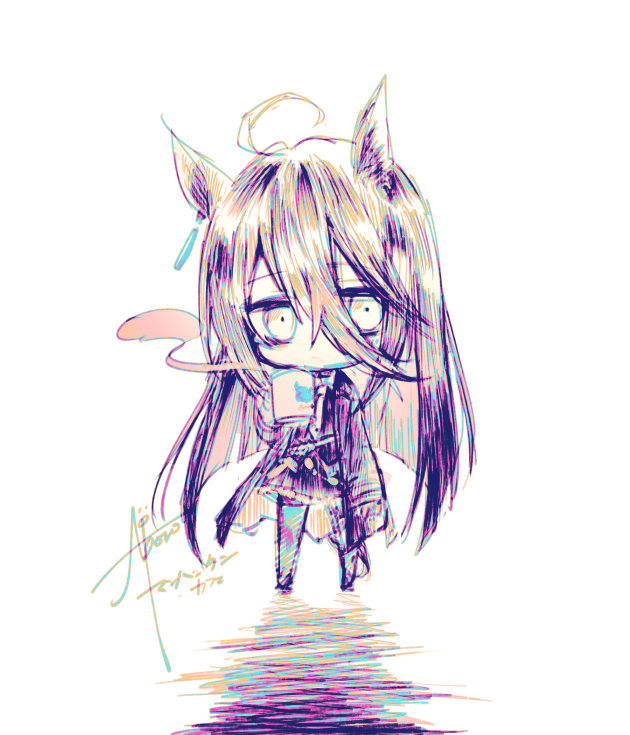 gensou aporo, manhattan cafe (umamusume), umamusume, 1girl, ahoge, animal print, artist name, black pantyhose, black skirt, cat print, chibi, cup, ear ornament, ear tag, earrings, hair between eyes, holding, holding cup, jewelry, long hair, long hair between eyes, mug, multicolored hair, pantyhose, pleated skirt, signature, simple background, single earring, skirt, solo, steam, very long hair, white background, white hair