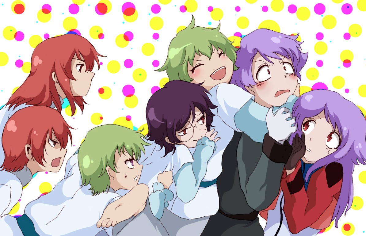 aucie, anew returner, bring stabity, divine nova, hilling care, regene regetta, revive revival, ribbons almark, gundam, gundam 00, mamotte shugogetten!, 2girls, 5boys, everyone, green hair, innovators (gundam 00), long hair, multiple boys, multiple girls, parody, purple eyes, purple hair, red eyes, red hair, short hair
