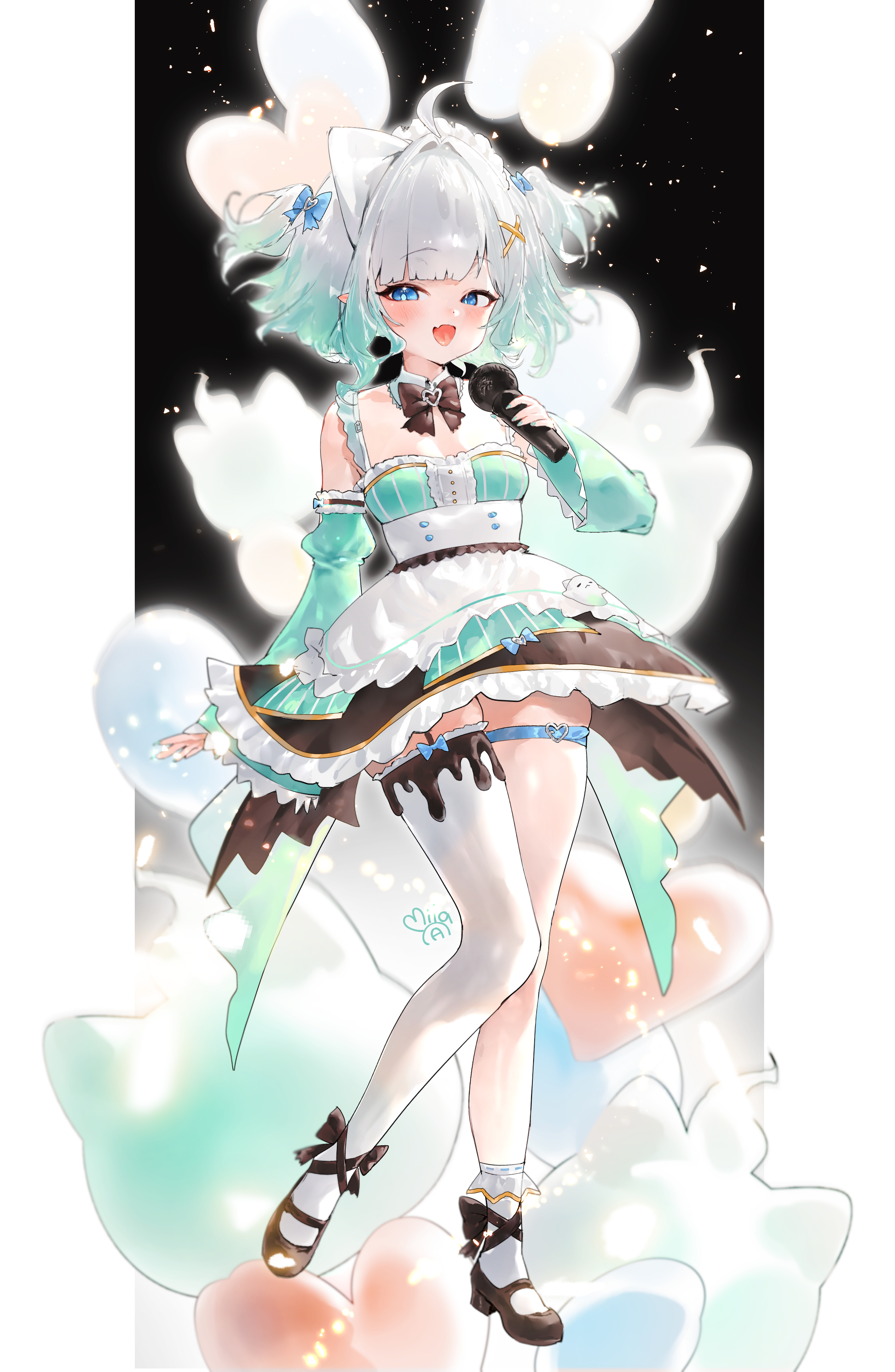 mila (milaart12), mint fantome, mint fantome (minto 2.0), indie virtual youtuber, absurdres, commentary, english commentary, highres, 1girl, :d, ahoge, apron, arm at side, asymmetrical legwear, black shoes, black skirt, blue bow, blue eyes, blush, bobby socks, bow, breasts, detached collar, detached sleeves, dress, fang, full body, gradient hair, green dress, green hair, green sleeves, hair bow, hair ornament, holding, holding microphone, long sleeves, looking at viewer, maid headdress, microphone, multicolored hair, open mouth, shoes, short hair, signature, single thighhigh, skin fang, skirt, sleeve garter, small breasts, smile, socks, solo, standing, standing on one leg, striped clothes, striped dress, thigh strap, thighhighs, triangular headpiece, two-tone hair, uneven legwear, vertical-striped clothes, vertical-striped dress, virtual youtuber, white apron, white hair, white socks, white thighhighs, wide sleeves, x hair ornament