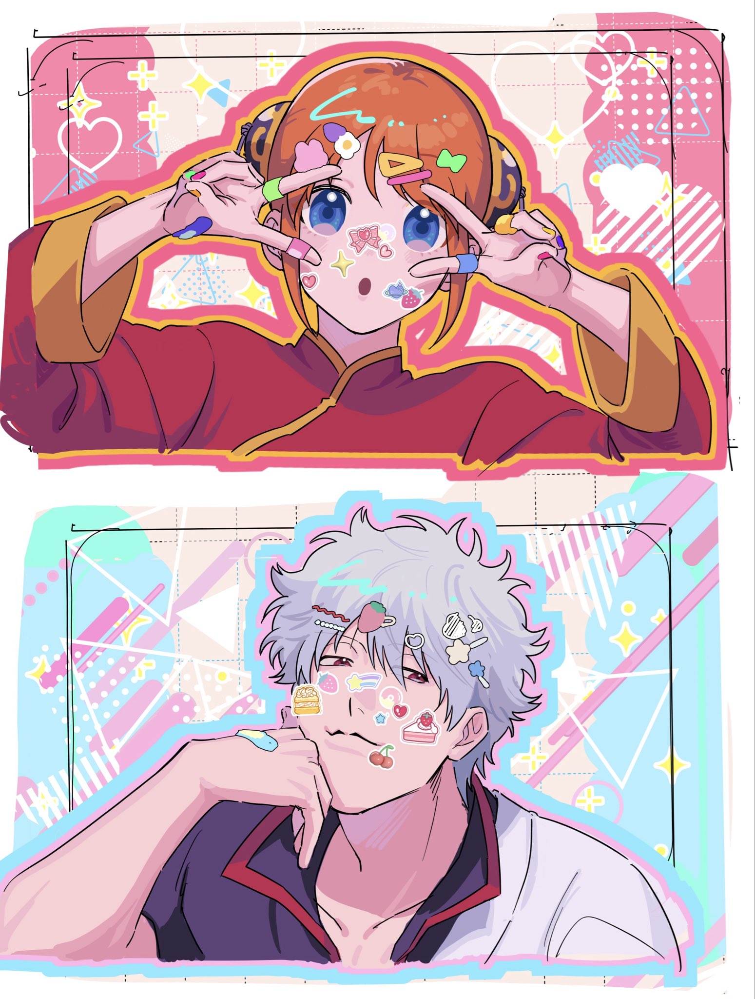 hamuyo864, kagura (gintama), sakata gintoki, gintama, commentary request, highres, 1boy, 1girl, bandaid, bandaid on face, bandaid on hand, black shirt, blue eyes, bun cover, chinese clothes, double bun, double v, food-themed hair ornament, grey hair, hadanugi dousa, hair bun, hair ornament, hairclip, hand on own face, head rest, heart, japanese clothes, kimono, long sleeves, looking at viewer, messy hair, one eye closed, open kimono, open mouth, orange hair, popped collar, red eyes, red shirt, shirt, short hair, short sleeves, sparkle, star (symbol), sticker, sticker on face, upper body, v, white kimono