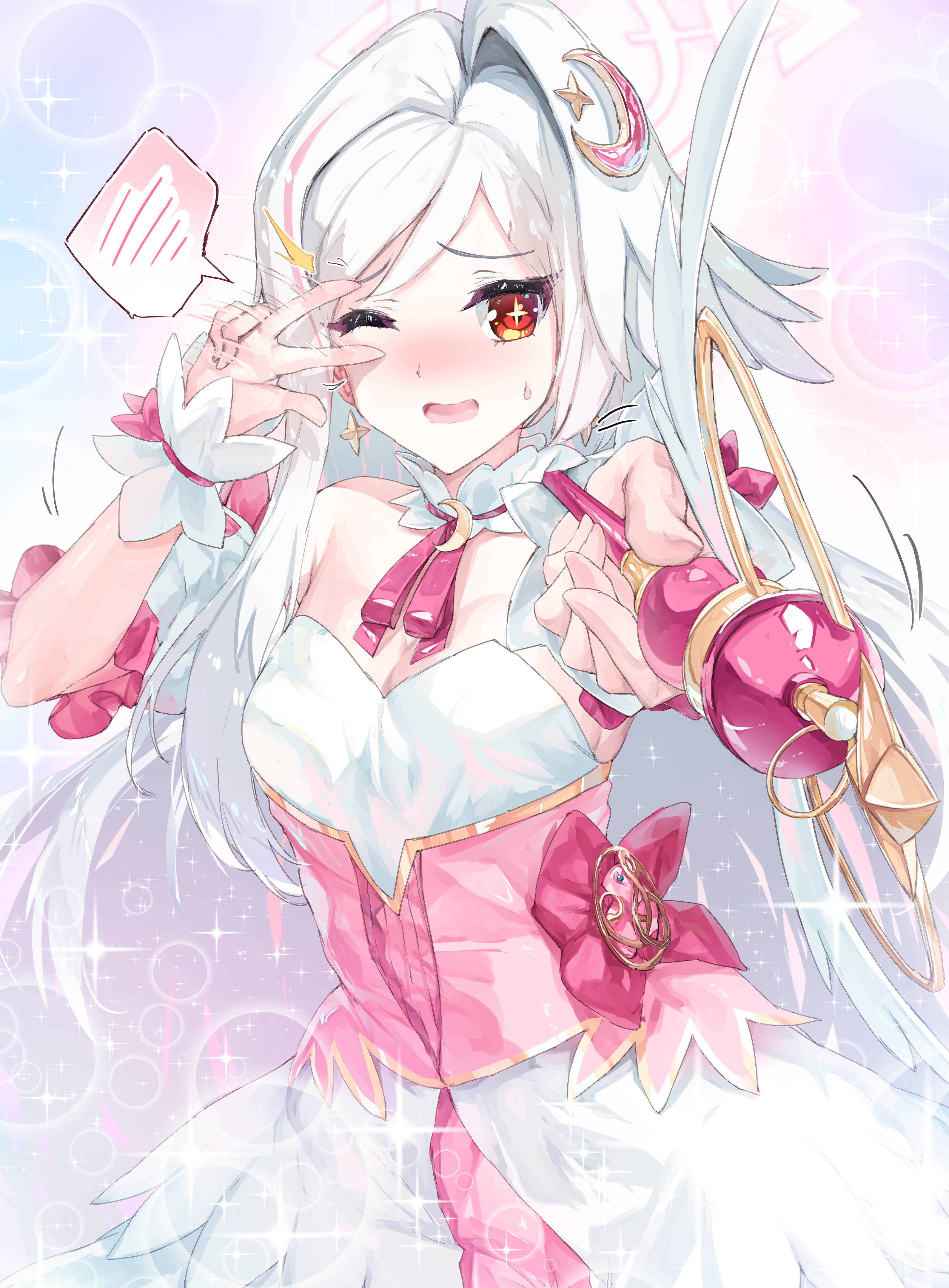 sunnysideup, suzumi (blue archive), blue archive, absurdres, commentary request, highres, 1girl, bare shoulders, blush, breasts, casting spell, cleavage, detached sleeves, dress, embarrassed, gradient background, hair between eyes, halo, head wings, long hair, magical girl, motion lines, nose blush, official alternate costume, one eye closed, pointing, pointing at viewer, red eyes, single head wing, small breasts, smile, solo, sparkle, sparkling eyes, suzumi (magical) (blue archive), underbust, very long hair, w, wavy mouth, white hair, wings
