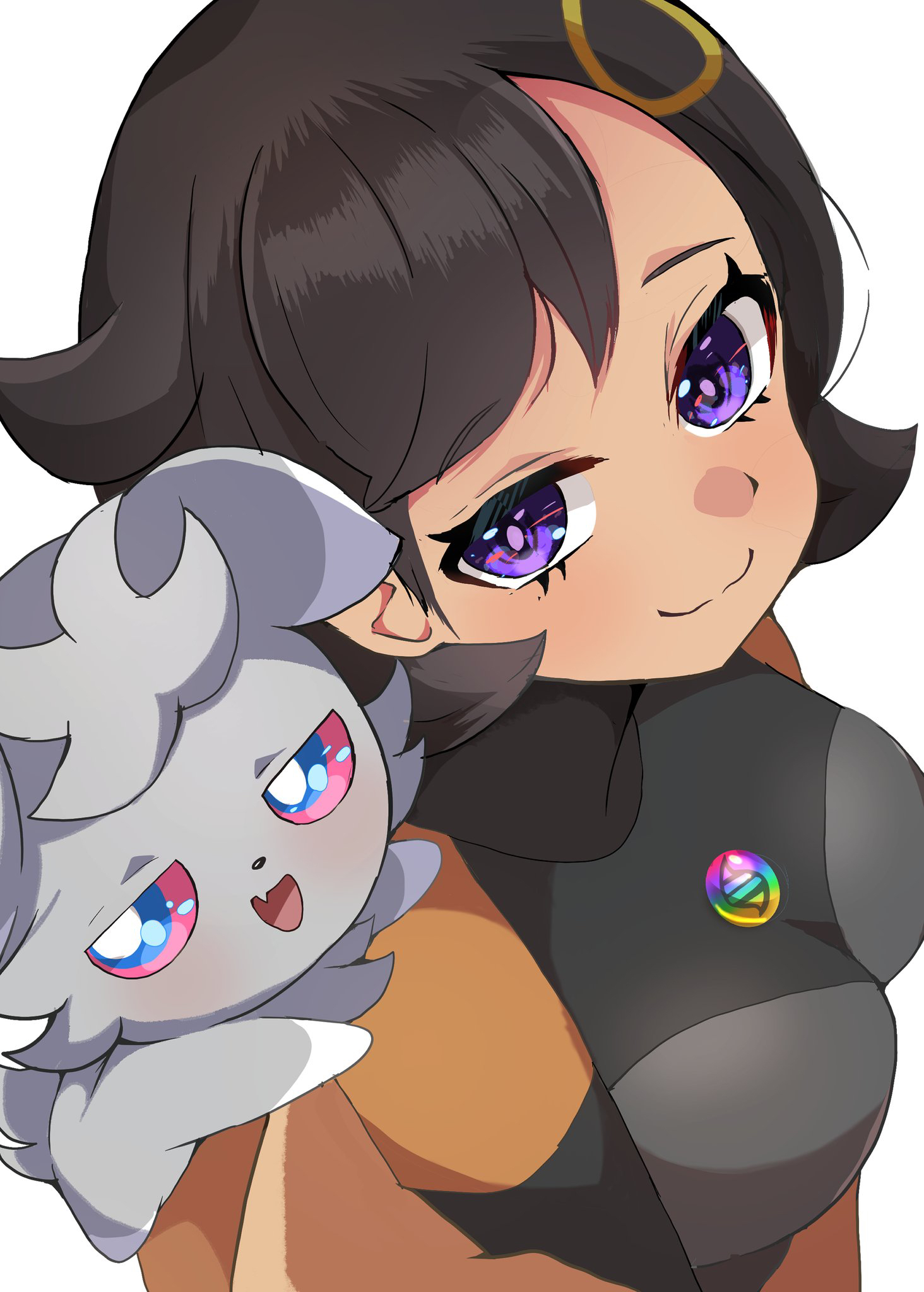 carrot summer, emma (pokemon), espurr, nintendo, pokemon, pokemon legends: z-a, highres, 1girl, black bodysuit, black hair, bodysuit, breasts, brown jacket, dark-skinned female, dark skin, gen 6 pokemon, hair ornament, jacket, large breasts, latex, latex bodysuit, looking at viewer, mega stone, on shoulder, pokemon (creature), pokemon on shoulder, purple eyes, short hair, side ahoge, simple background, white background