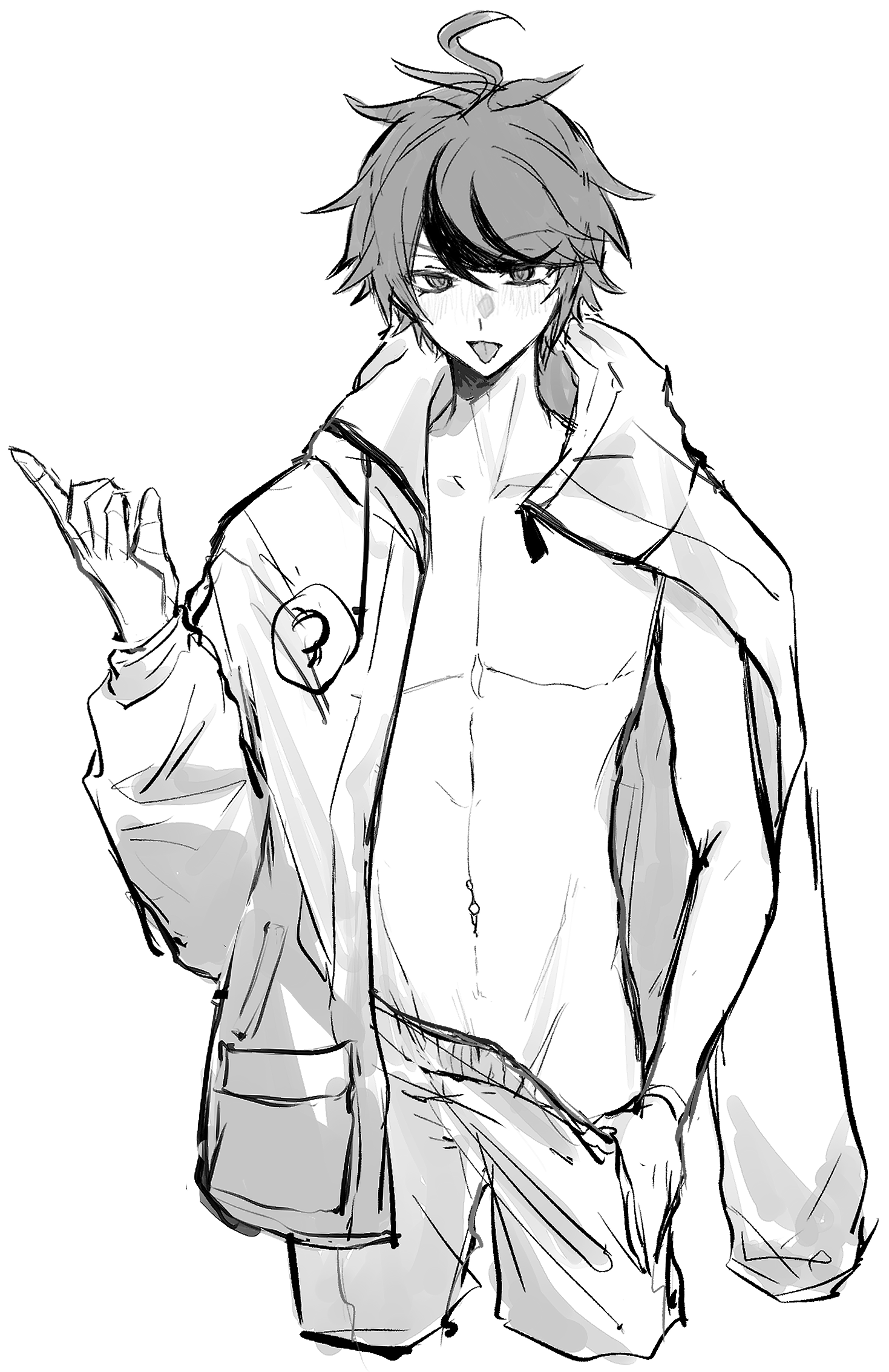 sparrowhabird, aotsuki eito, sumino takumi, the hundred line -last defense academy-, highres, 1boy, :p, ahoge, aotsuki eito (cosplay), borrowed clothes, clothes pull, collarbone, cosplay, cropped legs, greyscale, jacket, looking at viewer, male focus, monochrome, multicolored hair, navel, no shirt, pants, pants pull, pocket, pointing, pointing up, short hair, solo, streaked hair, tongue, tongue out
