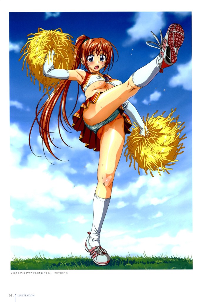 blue eyes, cheerleader, covered erect nipples, embarrassed, long hair, panties, red hair, underwear, upskirt