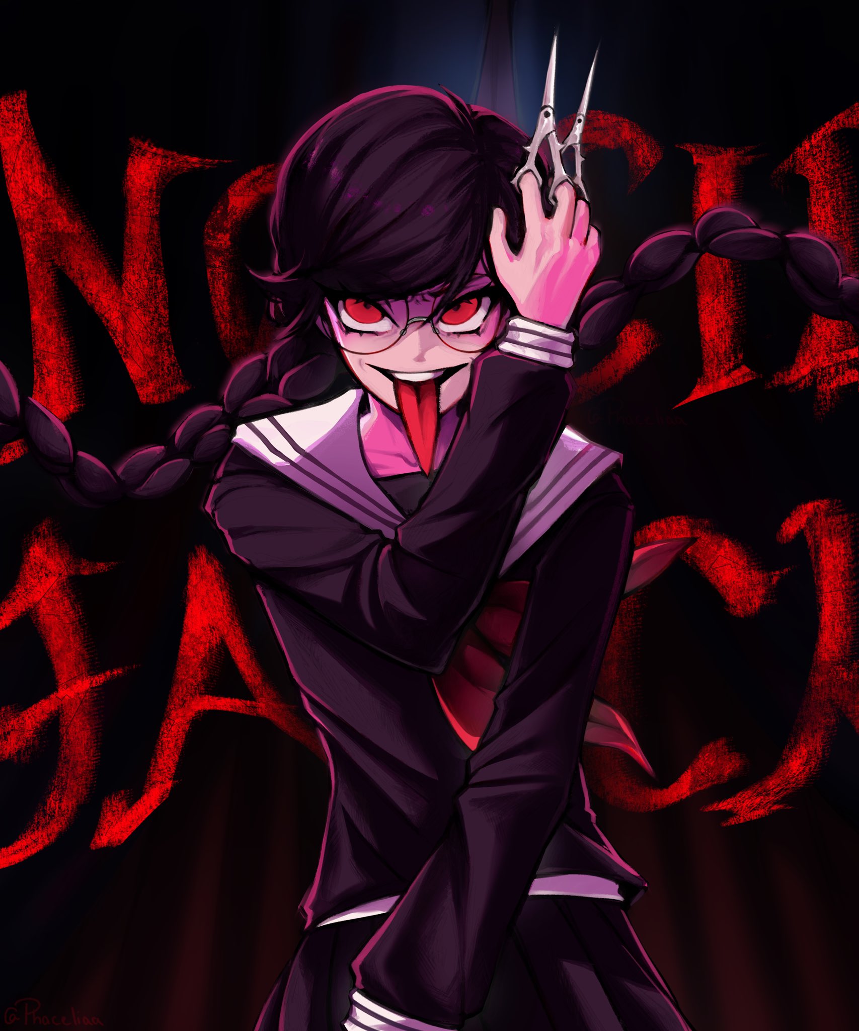 fukawa toko, genocider shou, danganronpa: trigger happy havoc, danganronpa (series), commentary, english commentary, highres, 1girl, braid, collared shirt, eyelashes, glasses, holding, holding scissors, holding weapon, long hair, long sleeves, low twintails, neckerchief, open mouth, phaceliaa, purple hair, purple serafuku, purple shirt, purple skirt, red eyes, red neckerchief, round eyewear, sailor collar, school uniform, scissors, serafuku, shirt, skirt, skirt set, smile, solo, teeth, tongue, tongue out, twin braids, twintails, upper teeth only, weapon, white sailor collar