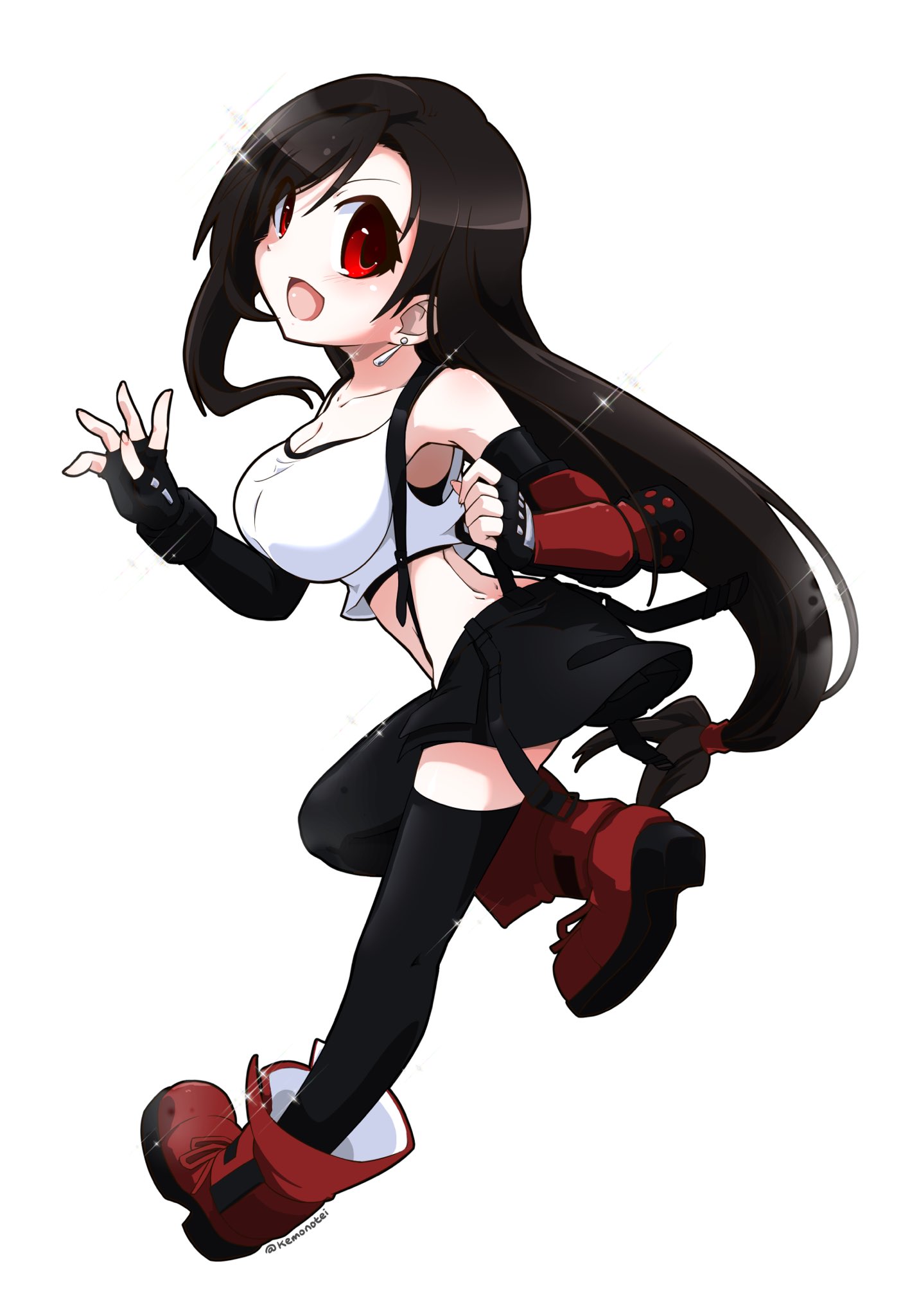 chaotic dragon, tifa lockhart, final fantasy, final fantasy vii, commentary, highres, 1girl, bare shoulders, black gloves, black hair, black skirt, black thighhighs, boots, breasts, crop top, earrings, elbow gloves, fingerless gloves, foot up, full body, gloves, jewelry, large breasts, long hair, looking at viewer, low-tied long hair, midriff, miniskirt, open mouth, red boots, red eyes, single arm guard, single earring, skirt, solo, standing, standing on one leg, suspender skirt, suspenders, tank top, teardrop earrings, thighhighs, white background, white tank top, zettai ryouiki