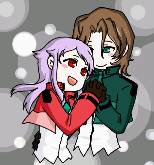 natoriumu, anew returner, lyle dylandy, gundam, gundam 00, 00s, 1boy, 1girl, couple, green eyes, hetero, holding hands, innovators (gundam 00), long hair, purple hair, red eyes, smile