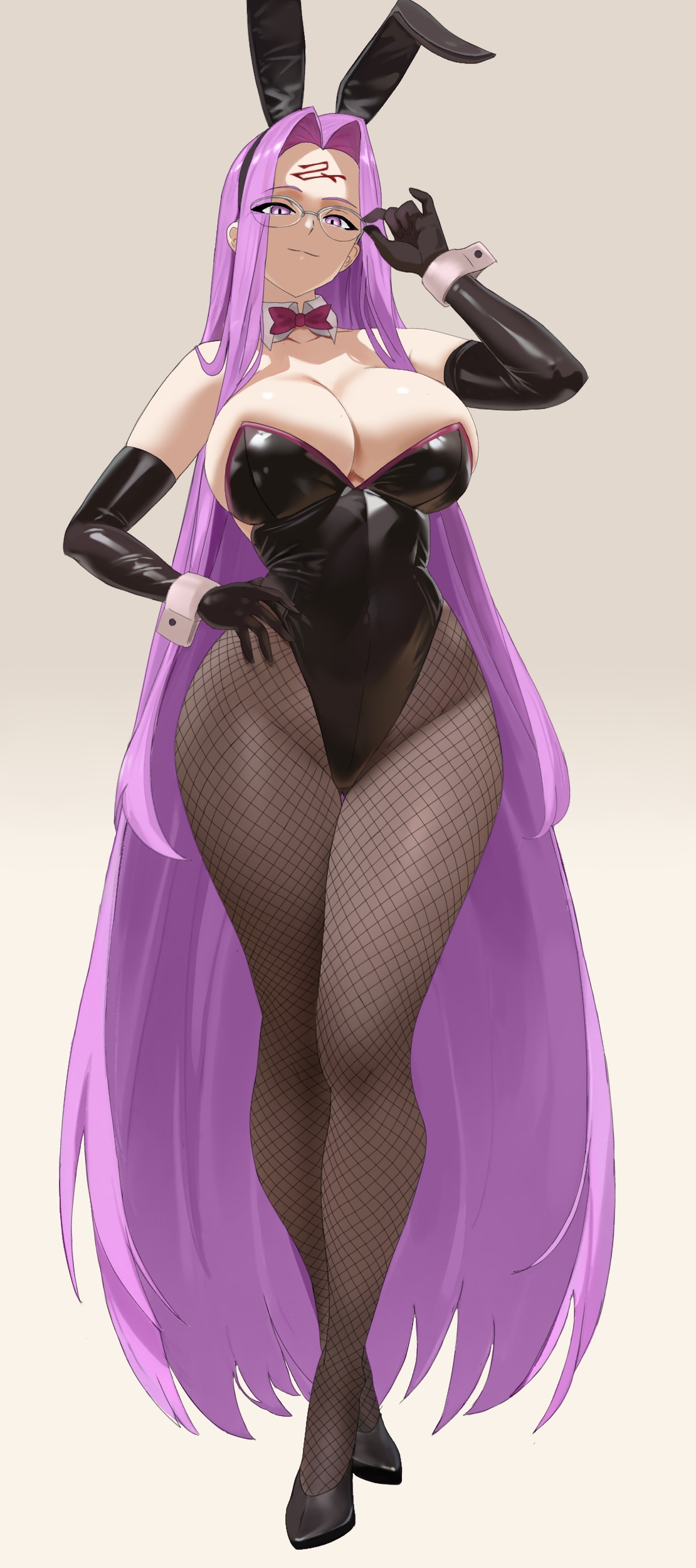 asoberis, medusa (fate), fate/stay night, fate (series), absurdres, highres, 1girl, animal ear hairband, animal ears, black gloves, black leotard, bow, bowtie, breasts, cleavage, curvy, elbow gloves, fake animal ears, fishnet pantyhose, fishnets, glasses, gloves, grey background, hairband, large breasts, leotard, pantyhose, purple bow, purple bowtie, purple eyes, purple hair, rabbit ear hairband, rabbit ears, simple background, solo, wide hips, wrist cuffs