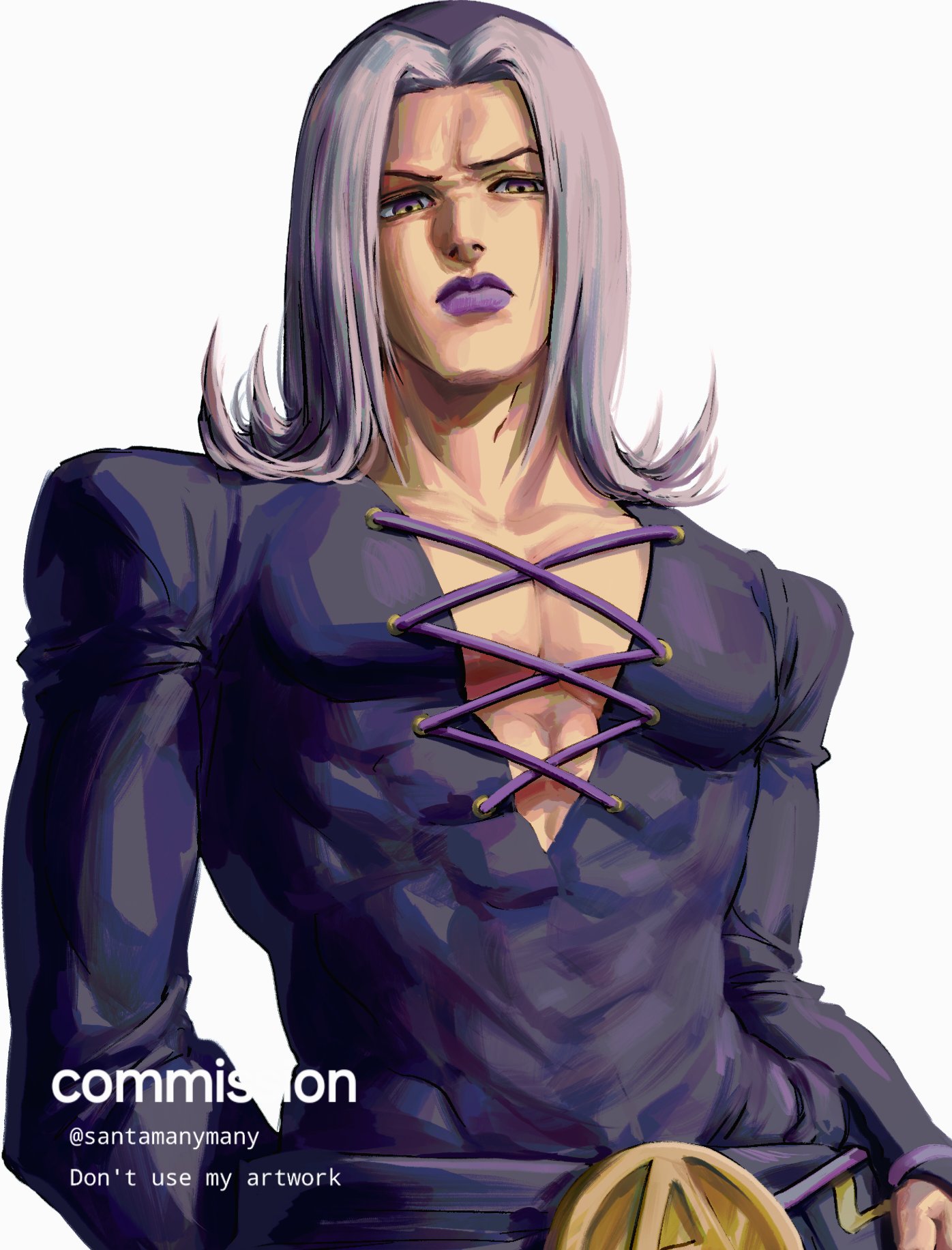 santamanymany, leone abbacchio, jojo no kimyou na bouken, vento aureo, commission, highres, 1boy, abs, belt, closed mouth, coat, cross-laced clothes, grey hair, long hair, long sleeves, looking at viewer, makeup, male focus, multicolored hair, muscular, muscular male, pectoral cleavage, pectorals, plunging neckline, purple belt, purple coat, purple hair, purple lips, solo, two-tone hair, upper body, white background, yellow eyes