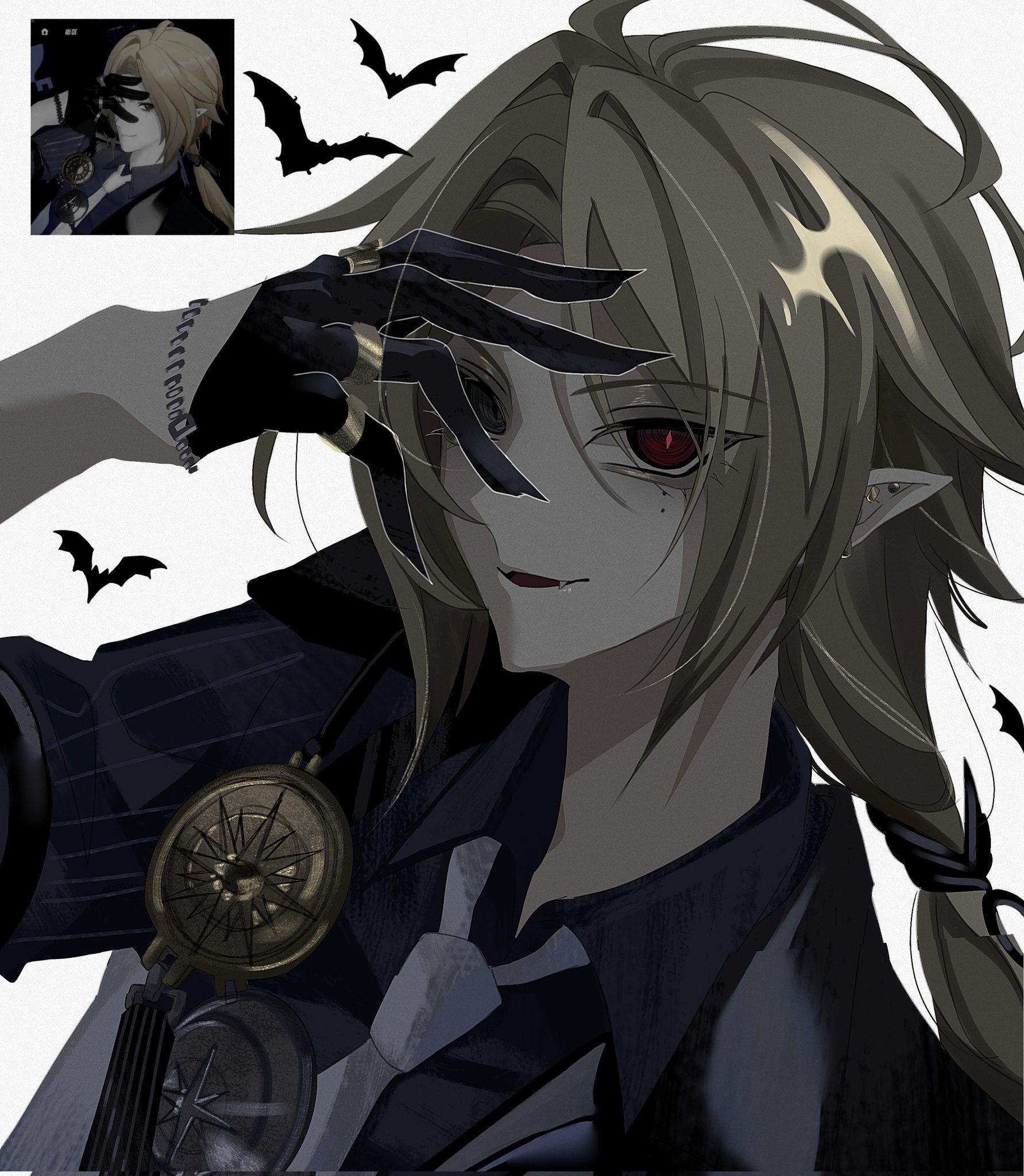 hugo vlad, zenless zone zero, highres, 0w0 back, 1boy, bat (animal), bicep strap, black gloves, blonde hair, ear piercing, earrings, fangs, game screenshot inset, gloves, gold ring, grey eyes, hair between eyes, hand over eye, heterochromia, jewelry, long hair, looking at viewer, male focus, medallion, mole, mole under eye, multiple rings, necktie, open mouth, piercing, pointy ears, purple necktie, purple shirt, red eyes, ring, shirt, solo, white background