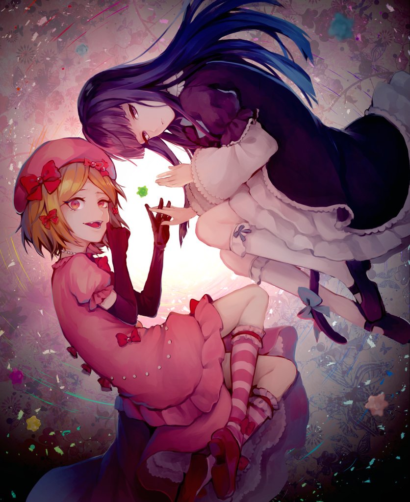 gensou aporo, frederica bernkastel, lambdadelta, umineko no naku koro ni, 2girls, beret, black gloves, black shoes, blonde hair, bow, closed mouth, dress, elbow gloves, expressionless, fangs, frilled dress, frilled sleeves, frills, gloves, hair bow, hat, long hair, long sleeves, looking at viewer, multiple girls, parted bangs, pink eyes, pink hat, pink socks, puffy short sleeves, puffy sleeves, purple dress, purple eyes, purple hair, red bow, red shoes, shoes, short hair, short sleeves, smile, socks, striped clothes, striped socks, very long hair, white socks