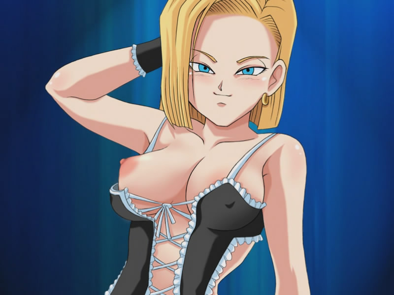 trinitron cg, android 18, dragon ball, dragonball z, 1girl, arm behind head, blonde hair, blue eyes, breasts, covered erect nipples, earrings, female focus, jewelry, lingerie, looking at viewer, naughty face, nipple slip, nipples, smile, solo, underwear