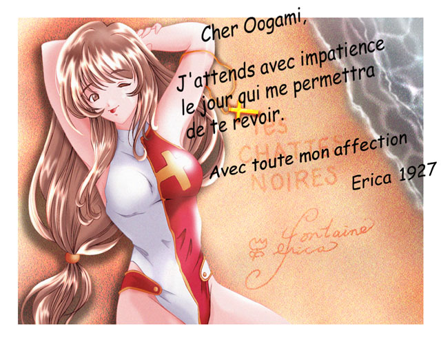 ken-g, erica fontaine, sakura taisen, sakura taisen iii, sega, bad id, bad pixiv id, photo (medium), translated, 00s, 1girl, armpits, arms behind head, beach, breasts, brown eyes, brown hair, female focus, french text, leotard, long hair, low-tied long hair, lying, medium breasts, one-piece swimsuit, one eye closed, red leotard, sand, smile, solo, swimsuit, text focus, tongue, white leotard, wink