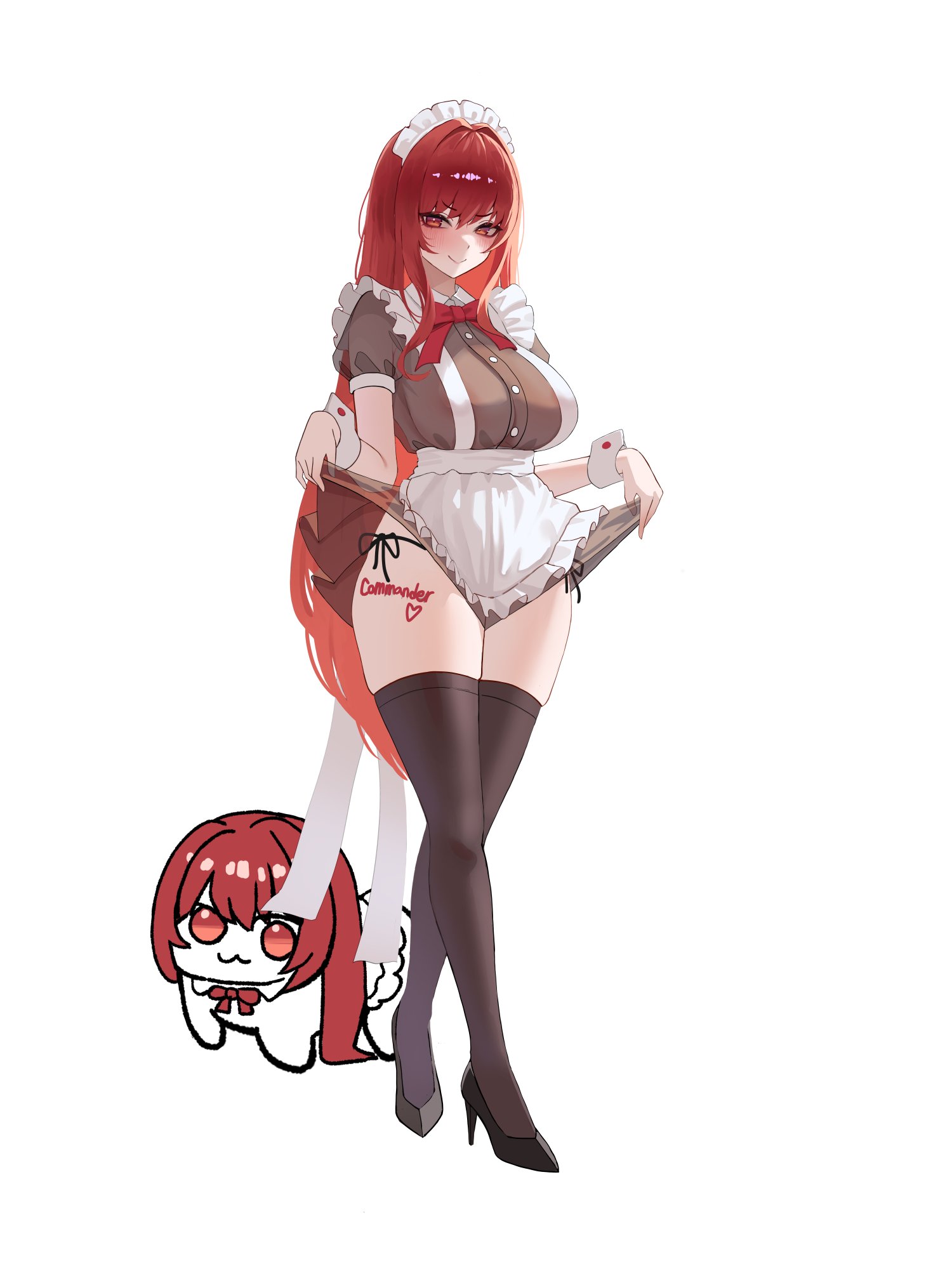 musclexm, doro (nikke), rapi (nikke), rapi (red hood) (nikke), goddess of victory: nikke, highres, 1girl, alternate costume, full body, long hair, maid, official alternate design, official alternate hair color, red hair, simple background, solo, very long hair, white background