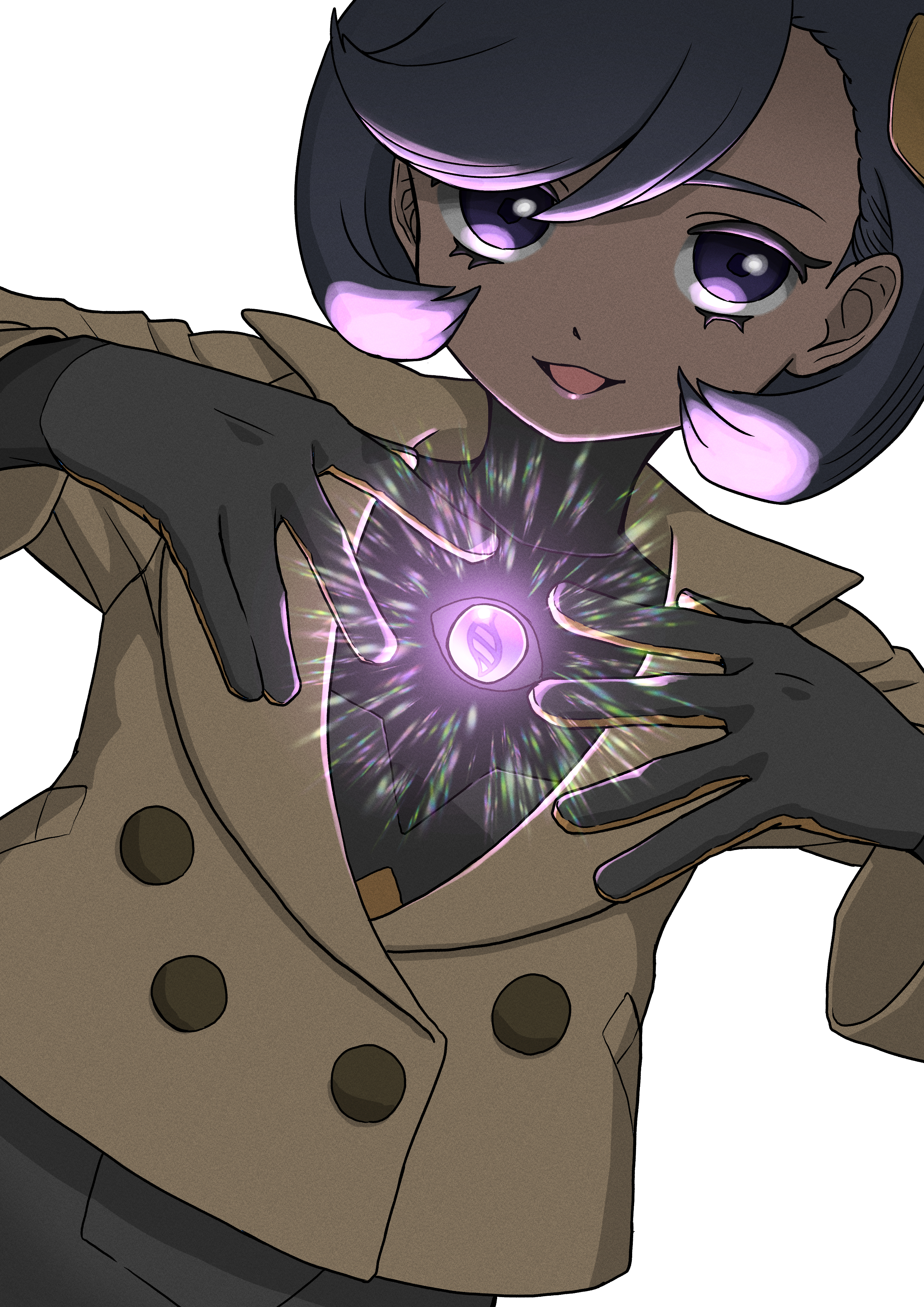 nemaki (nemaki87456), emma (pokemon), nintendo, pokemon, pokemon legends: z-a, absurdres, commentary request, highres, 1girl, black bodysuit, black hair, bodysuit, bodysuit under clothes, brown jacket, dark-skinned female, dark skin, hair ornament, jacket, latex, latex bodysuit, mega stone, open mouth, purple eyes, short hair, simple background, turtleneck, turtleneck bodysuit, white background