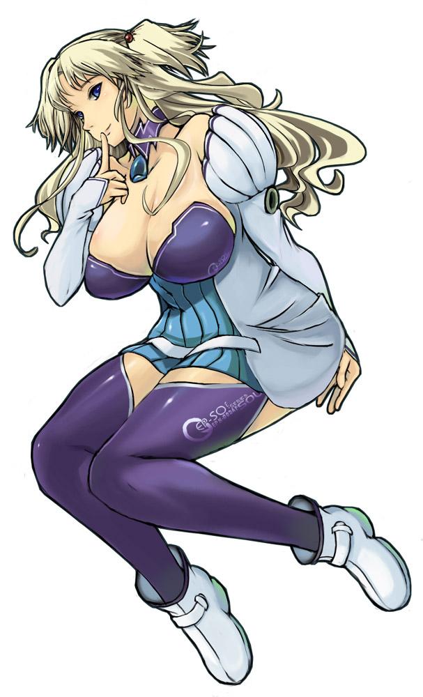 nomiya37564, souka, gadget trial, blonde hair, blue eyes, boots, breasts, cleavage, curvy, huge breasts, solo, thighhighs, twintails