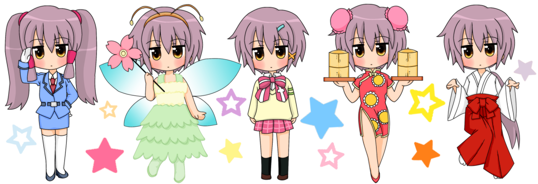 amemori keron, nagato yuki, nanatsuiro drops, suzumiya haruhi-chan no yuuutsu, suzumiya haruhi no yuuutsu, white legwear, bad id, bad pixiv id, highres, long image, wide image, bamboo steamer, black socks, blush, chibi, china dress, chinese clothes, cosplay, double bun, dress, fairy, gloves, hair bun, high heels, japanese clothes, kneehighs, miko, miniskirt, multiple views, necktie, police, police uniform, policewoman, purple hair, school uniform, shoes, skirt, socks, star (symbol), thighhighs, twintails, waitress, white gloves, yellow eyes