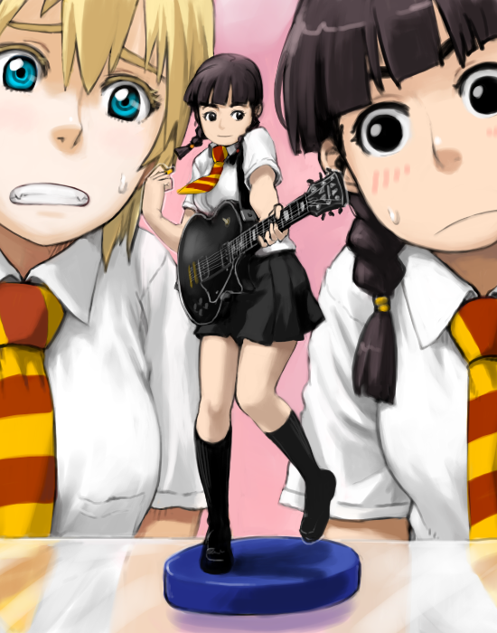 tachibana midori, tachibana roku, original, 2girls, black hair, blonde hair, blush, braid, brown hair, figure, guitar, instrument, kneehighs, multiple girls, necktie, school uniform, skirt, socks, twin braids