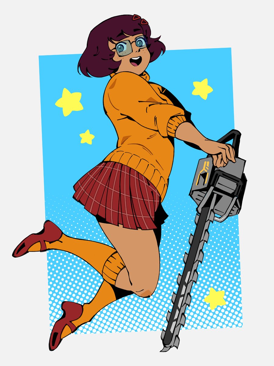 officeanomaly, velma dinkley, scooby-doo, highres, 1girl, brown hair, chainsaw, freckles, full body, glasses, holding, holding chainsaw, looking at viewer, open mouth, orange socks, orange sweater, rectangular eyewear, red-framed eyewear, red skirt, short hair, skirt, smile, socks, solo, star (symbol), sweater, turtleneck, turtleneck sweater