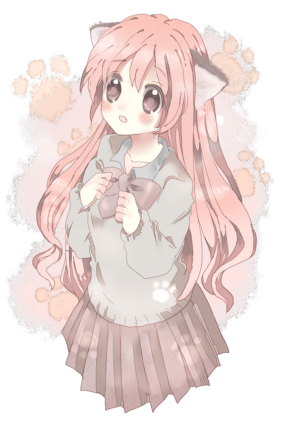itsuka, bad id, bad pixiv id, animal ears, blush, fang, long hair, pink hair, ribbon, school uniform, skirt, solo