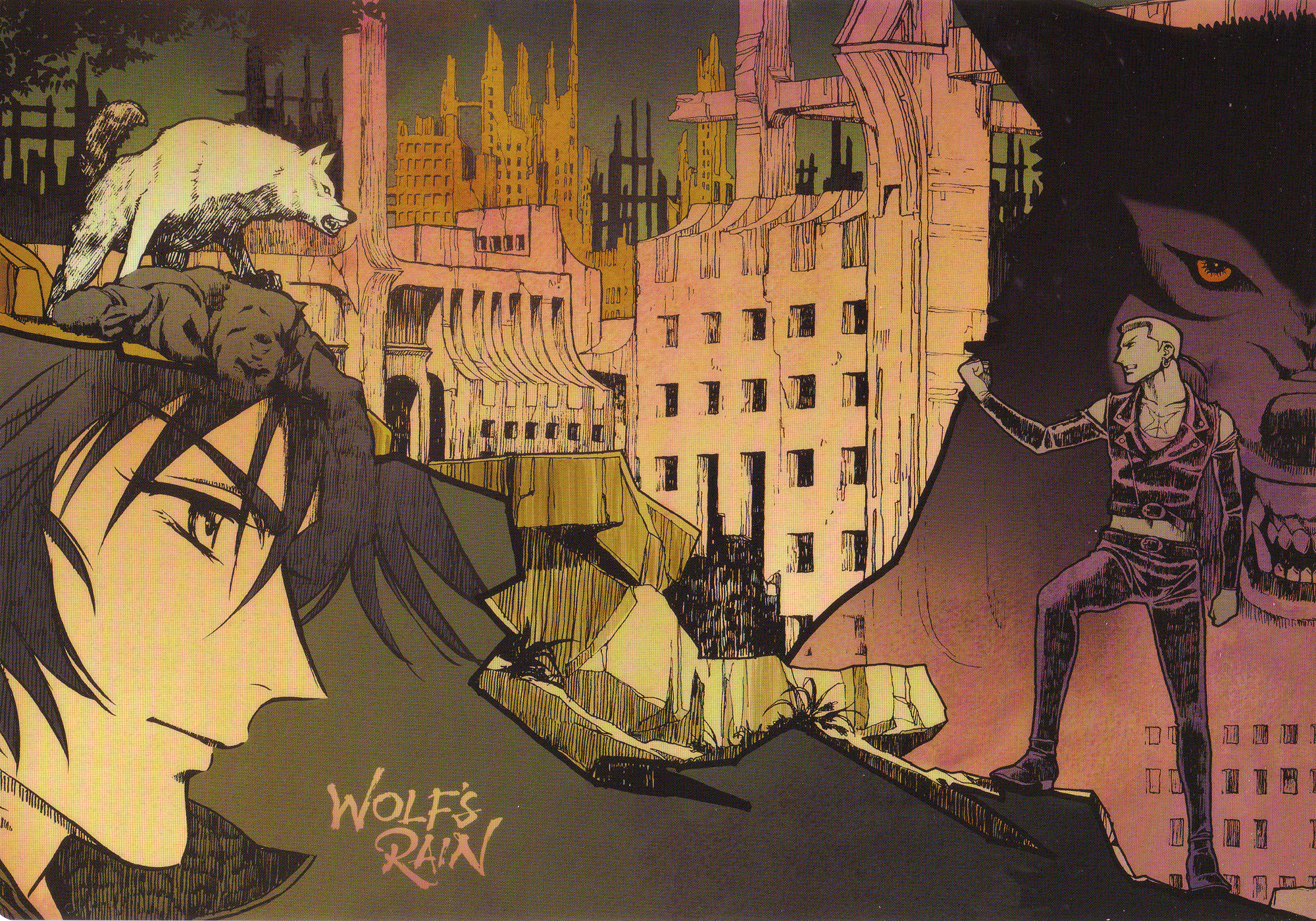 kawamoto toshihiro, kiba, tsume, wolf's rain, highres, 00s, 2boys, brown hair, building, city, from side, full body, multiple boys, outdoors, profile, ruins, skirt, standing, thighhighs, upper body, wolf, zettai ryouiki