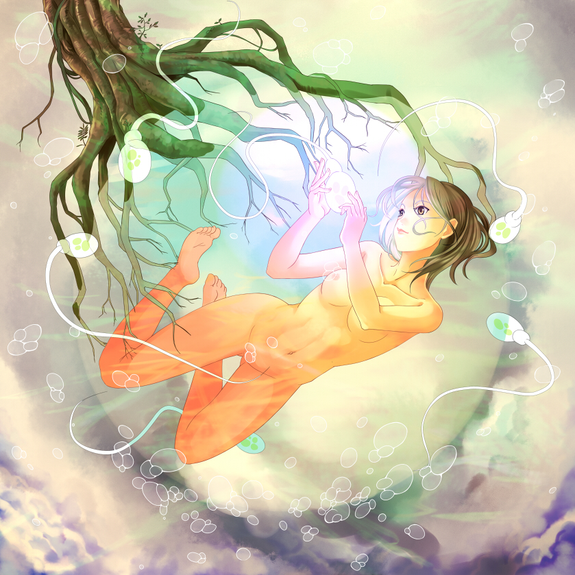 tonbo, 1girl, barefoot, breasts, bubble, censored, convenient censoring, feet, female focus, fertilization, giant sperm, medium breasts, nipples, nude, ovum, personification, plant roots, soles, solo, sperm cell, surreal, tree