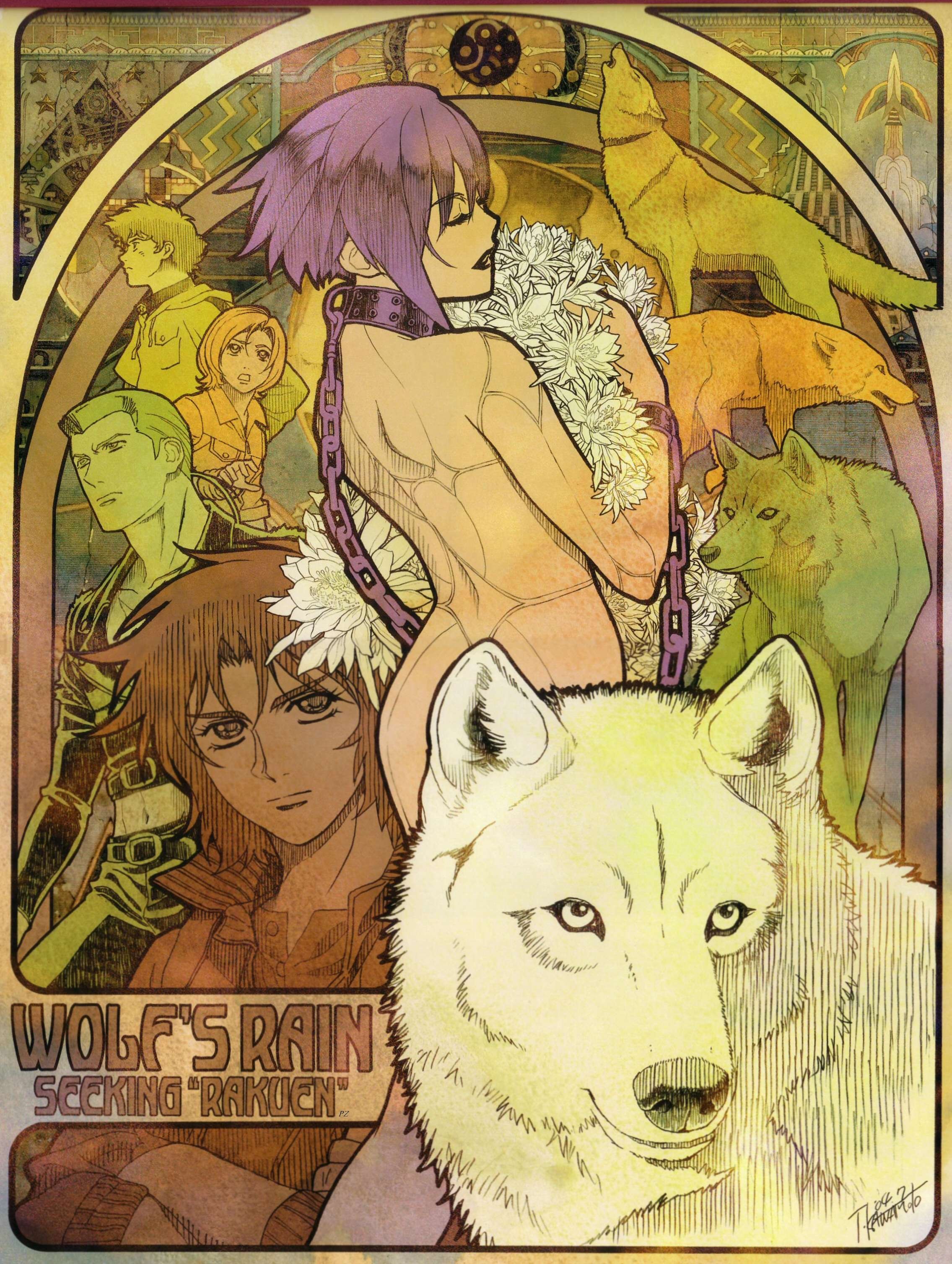 kawamoto toshihiro, cheza, hige, kiba, toboe, tsume, wolf's rain, absurdres, highres, 00s, 1girl, 4boys, art nouveau, bdsm, bondage, bound, chain, collar, cuffs, dog, flower, multiple boys, multiple dogs, purple hair, slave, wolf