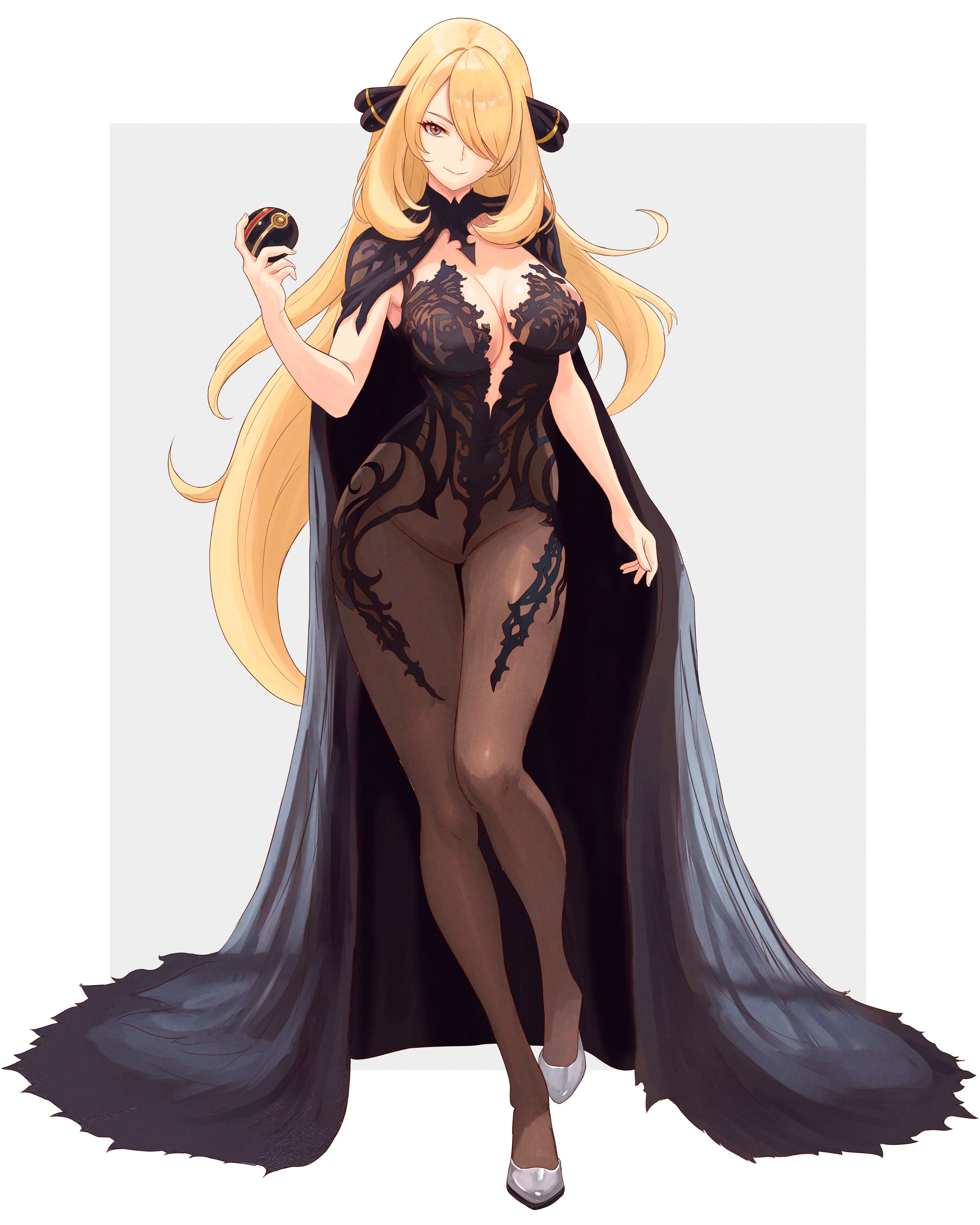 truejekart, cynthia (pokemon), nintendo, pokemon, pokemon dppt, absurdres, highres, 1girl, blonde hair, bodystocking, breasts, chronopattern dress, closed mouth, full body, grey eyes, hair over one eye, holding, holding poke ball, large breasts, looking at viewer, poke ball, smile, solo, standing, thighs