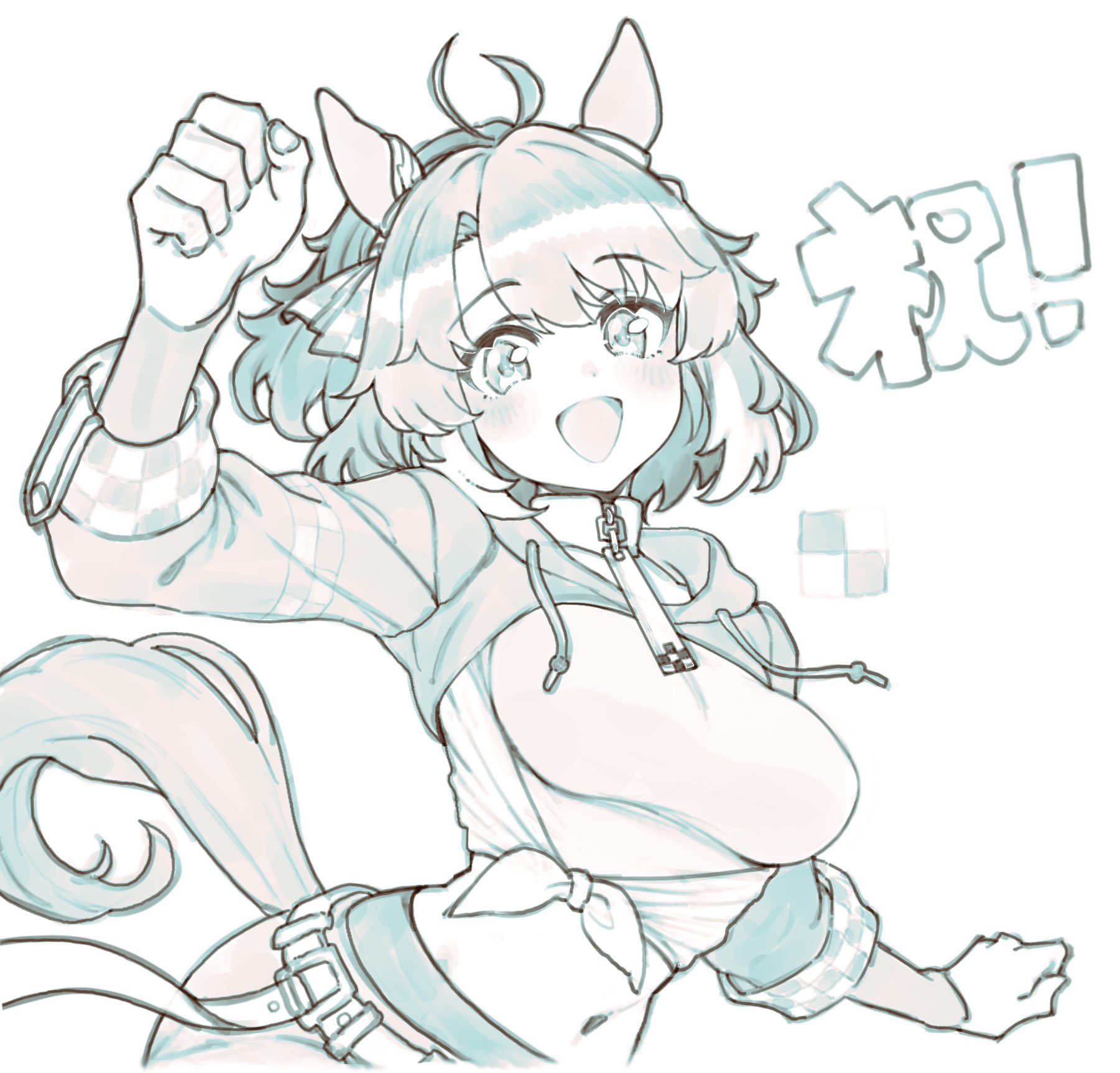 nosir onadat, dantsu flame (umamusume), umamusume, highres, 1girl, ahoge, animal ears, belt, blush, bow, breasts, checkered ribbon, dantsu flame (center spotlight) (umamusume), ear covers, ear ribbon, hair between eyes, hair ornament, horse ears, horse girl, horse tail, large breasts, leggings, limited palette, long sleeves, looking at viewer, midriff, multicolored hair, navel, open mouth, shirt, shorts, shrug (clothing), simple background, smile, solo, tail, tied shirt
