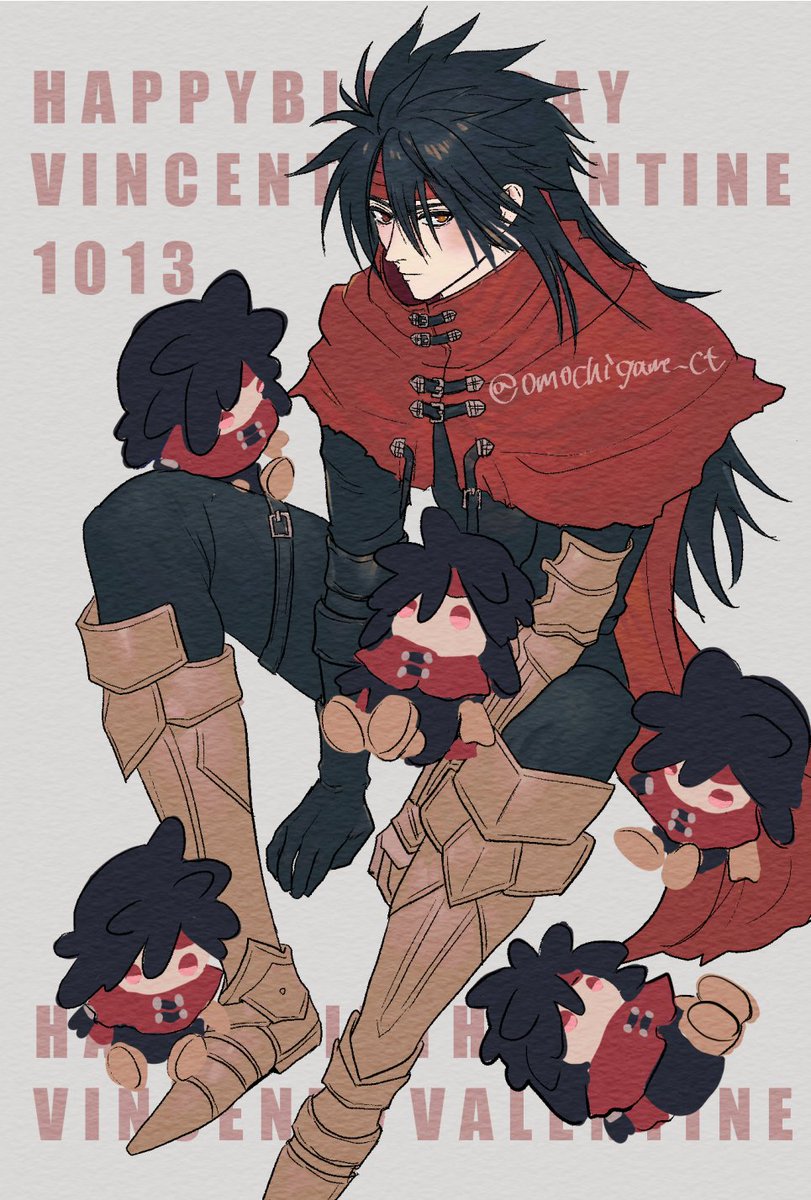 omochigame ct, vincent valentine, final fantasy, final fantasy vii, commentary request, highres, 1boy, armored boots, birthday, black gloves, black hair, black pants, blush, boots, cape, character doll, character name, cloak, doll, foot out of frame, gauntlets, gloves, grey background, hair between eyes, happy birthday, headband, long hair, male focus, pants, red cape, red cloak, red eyes, red headband, single gauntlet, single glove, sitting, solo, spiked hair, twitter username