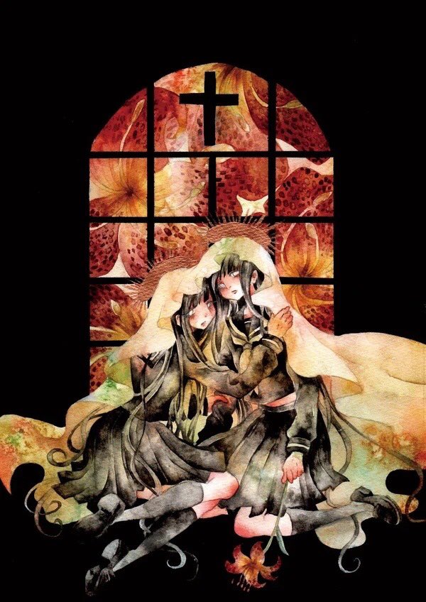 kurage nanami, original, painting (medium), traditional media, watercolor (medium), 2girls, black hair, black serafuku, black shoes, black skirt, black thighhighs, cross, flower, hand on another's shoulder, kneeling, long hair, looking at viewer, midriff peek, multiple girls, parted lips, pleated skirt, red flower, school uniform, serafuku, shoes, sitting, skirt, thighhighs, veil, very long hair, white eyes, window, yellow veil