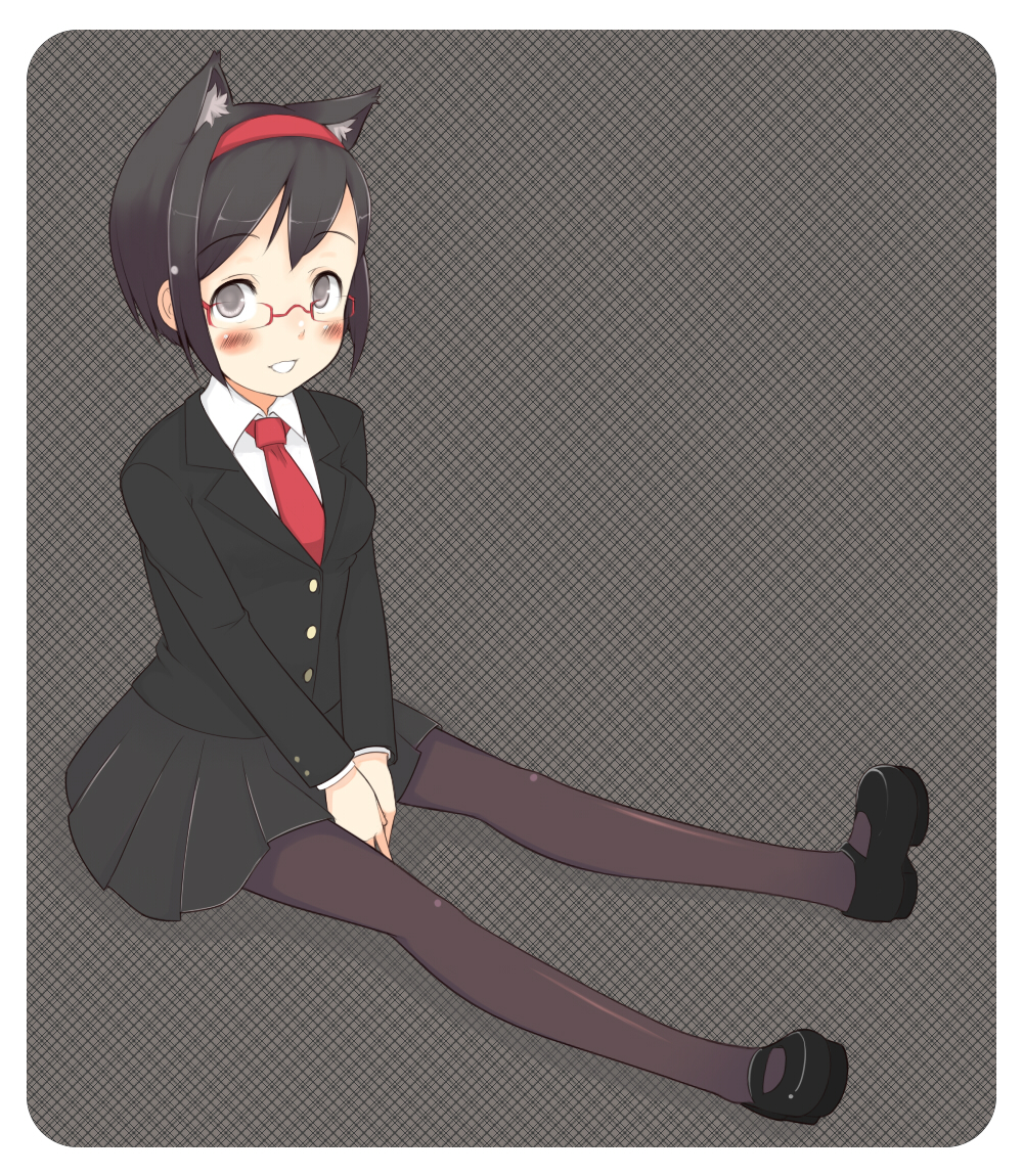 oza watto, original, 1girl, animal ears, black hair, blush, female focus, glasses, hairband, necktie, pantyhose, short hair, sitting, skirt, smile, solo