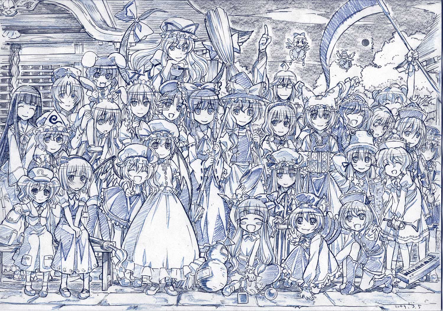 sakino shingetsu, alice margatroid, chen, cirno, flandre scarlet, hakurei reimu, hong meiling, houraisan kaguya, ibuki suika, inaba tewi, izayoi sakuya, kawashiro nitori, kirisame marisa, kochiya sanae, konpaku youmu, lunasa prismriver, lyrica prismriver, merlin prismriver, morichika rinnosuke, moriya suwako, mystia lorelei, onozuka komachi, patchouli knowledge, reisen udongein inaba, remilia scarlet, rumia, saigyouji yuyuko, shiki eiki, yagokoro eirin, yakumo ran, yakumo yukari, yasaka kanako, embodiment of scarlet devil, immaterial and missing power, imperishable night, mountain of faith, perfect cherry blossom, phantasmagoria of flower view, touhou, 1boy, 6+girls, ^ ^, animal hat, arm up, blush stickers, closed eyes, everyone, greyscale, hands in opposite sleeves, hat, is that so, long sleeves, m/, mob cap, monochrome, multiple girls, puffy short sleeves, puffy sleeves, seikan hikou, shoes, short hair, short sleeves, sketch, smile, socks, tassel, v, wide sleeves