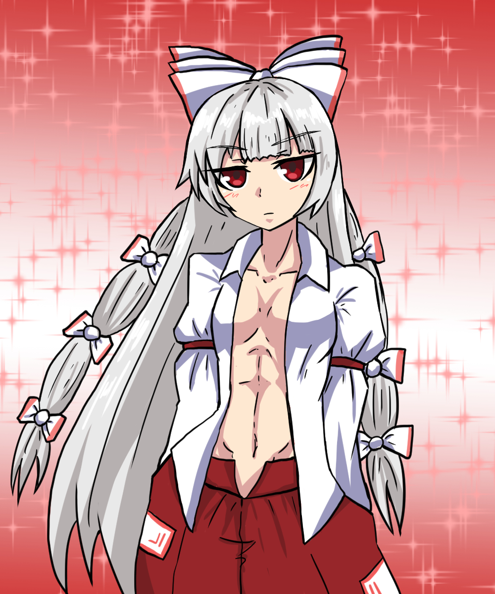 table (msn-00100hyak-shiki), fujiwara no mokou, touhou, commentary, highres, 1girl, abs, bow, center opening, collarbone, expressionless, gradient background, hair bow, hands in pockets, long hair, looking at viewer, navel, no bra, pants, red eyes, red pants, shirt, solo, white hair, white shirt