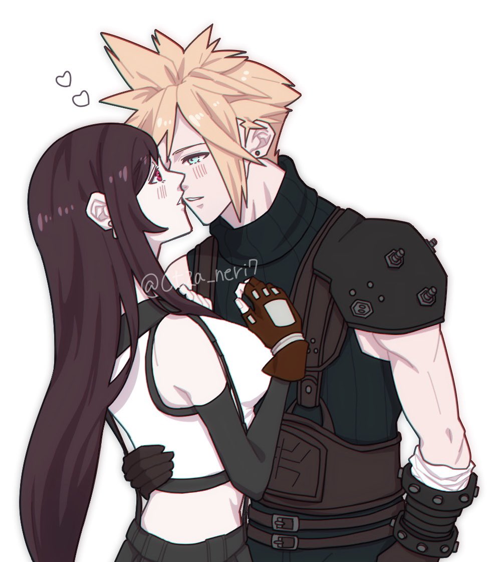 final fantasy, final fantasy vii, final fantasy vii remake, 1boy, 1girl, armor, bare shoulders, belt, belt buckle, black hair, black skirt, blonde hair, blue eyes, blush, breasts, brown gloves, brown hair, buckle, couple, crop top, ctza neri7, earrings, eye contact, fingerless gloves, gloves, hand on another's back, heart, hetero, jewelry, large breasts, leaning forward, long hair, looking at another, midriff, multiple belts, parted lips, red eyes, ribbed sweater, short hair, shoulder armor, simple background, skirt, sleeveless, sleeveless turtleneck, spiked hair, stud earrings, suspender skirt, suspenders, sweater, tank top, turtleneck, turtleneck sweater, twitter username, upper body, white background, white tank top