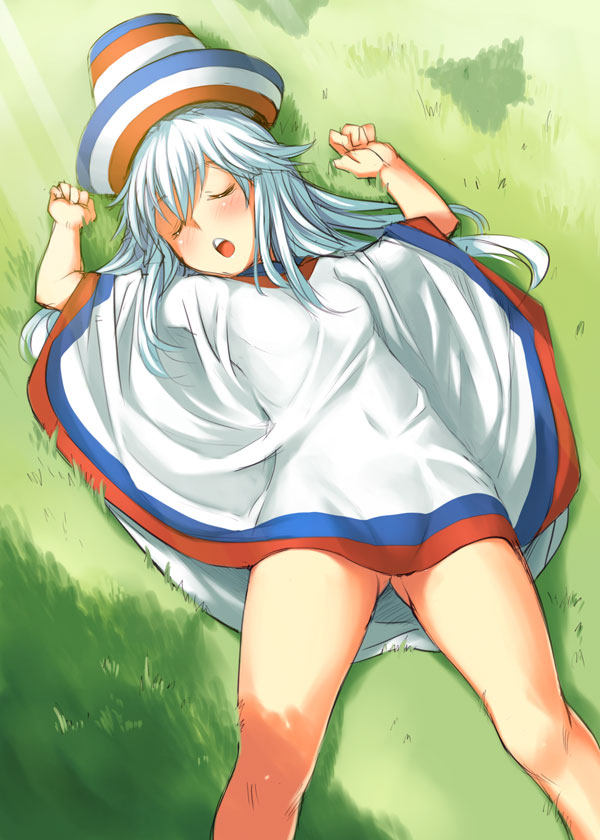 bosshi, hakata-san, original, 1girl, blush, female focus, flat chest, hat, legs, loli, lying, naked poncho, no panties, poncho, sleeping, solo, thighs, white hair