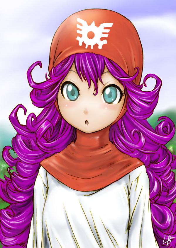 lb, princess of moonbrook, chunsoft, dragon quest, dragon quest ii, enix, 1980s (style), :o, blue eyes, blush, curly hair, long hair, oldschool, purple hair, solo, very long hair