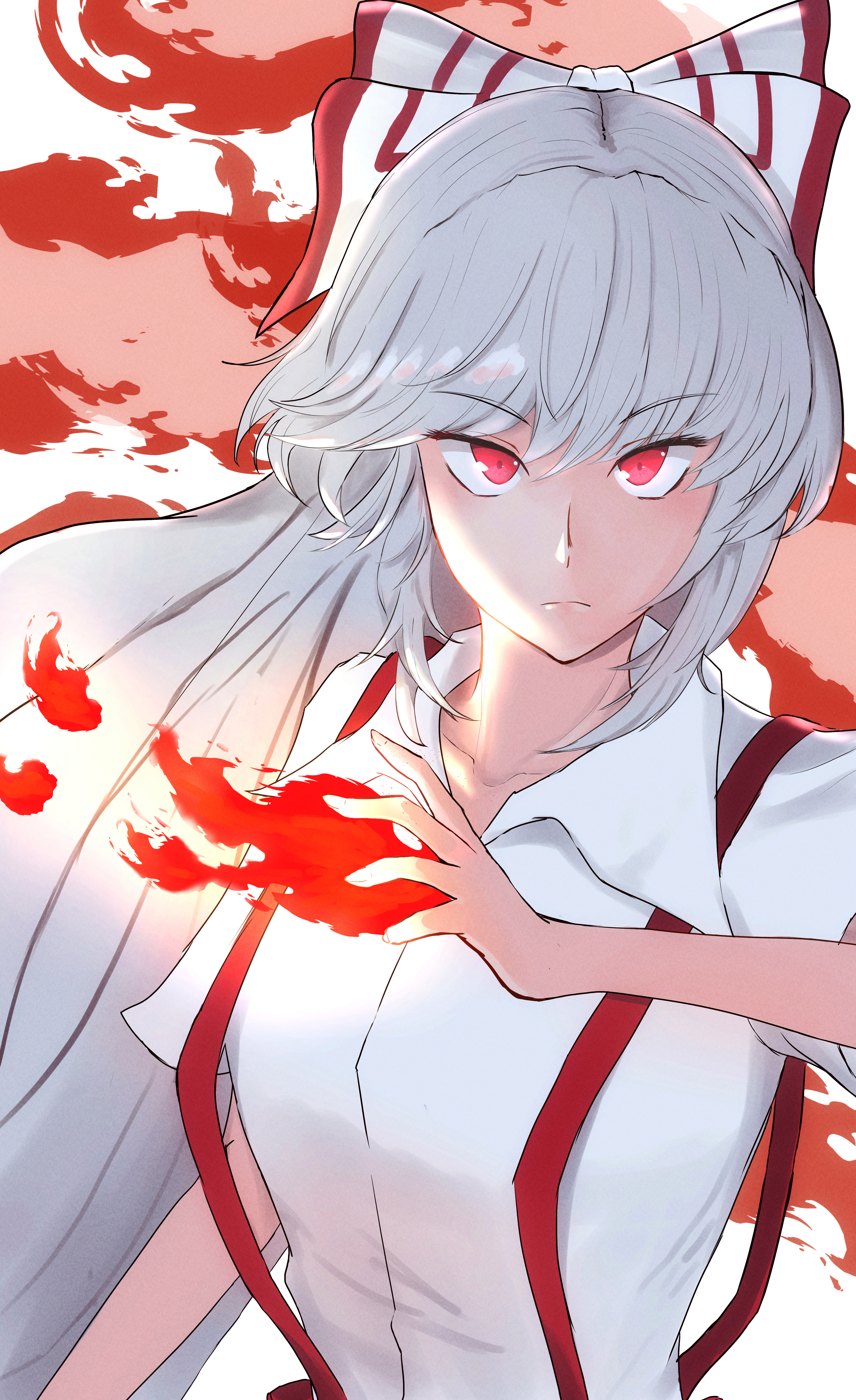 yamadasiomi, fujiwara no mokou, touhou, absurdres, commentary request, highres, partial commentary, 1girl, bow, fire, frown, hair bow, looking at viewer, red eyes, shirt, solo, suspenders, upper body, white hair, white shirt