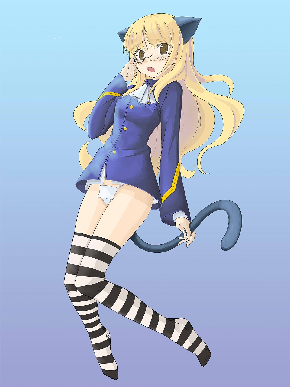 perrine h. clostermann, strike witches, world witches series, bad id, bad pixiv id, highres, 00s, 1girl, alternate legwear, animal ears, blonde hair, blush, female focus, fundoshi, glasses, japanese clothes, long hair, solo, striped clothes, striped thighhighs, tail, thighhighs