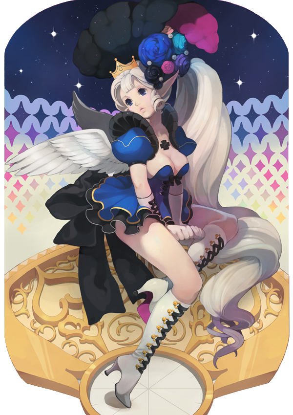 riqurr, bad id, bad pixiv id, 1girl, angel wings, boots, breasts, cleavage, crown, dress, female focus, long hair, medium breasts, pointy ears, solo, very long hair, white hair, wings