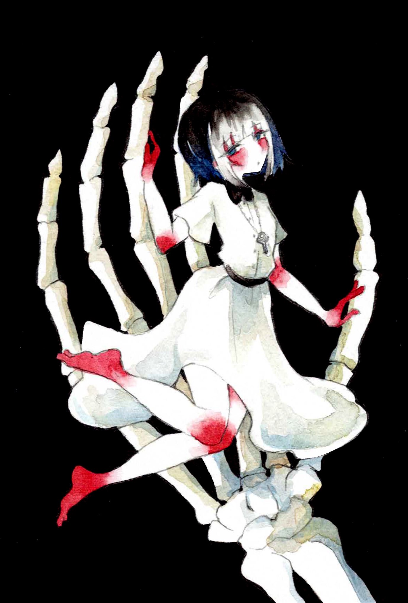 kurage nanami, original, highres, painting (medium), traditional media, watercolor (medium), 1girl, black background, black hair, blue hair, blush, bob cut, buttons, collared shirt, gradient hair, green eyes, jewelry, long skirt, looking at viewer, multicolored hair, necklace, parted lips, shirt, short hair, short sleeves, simple background, skeleton hands, skirt, solo, white hair, white shirt, white skirt